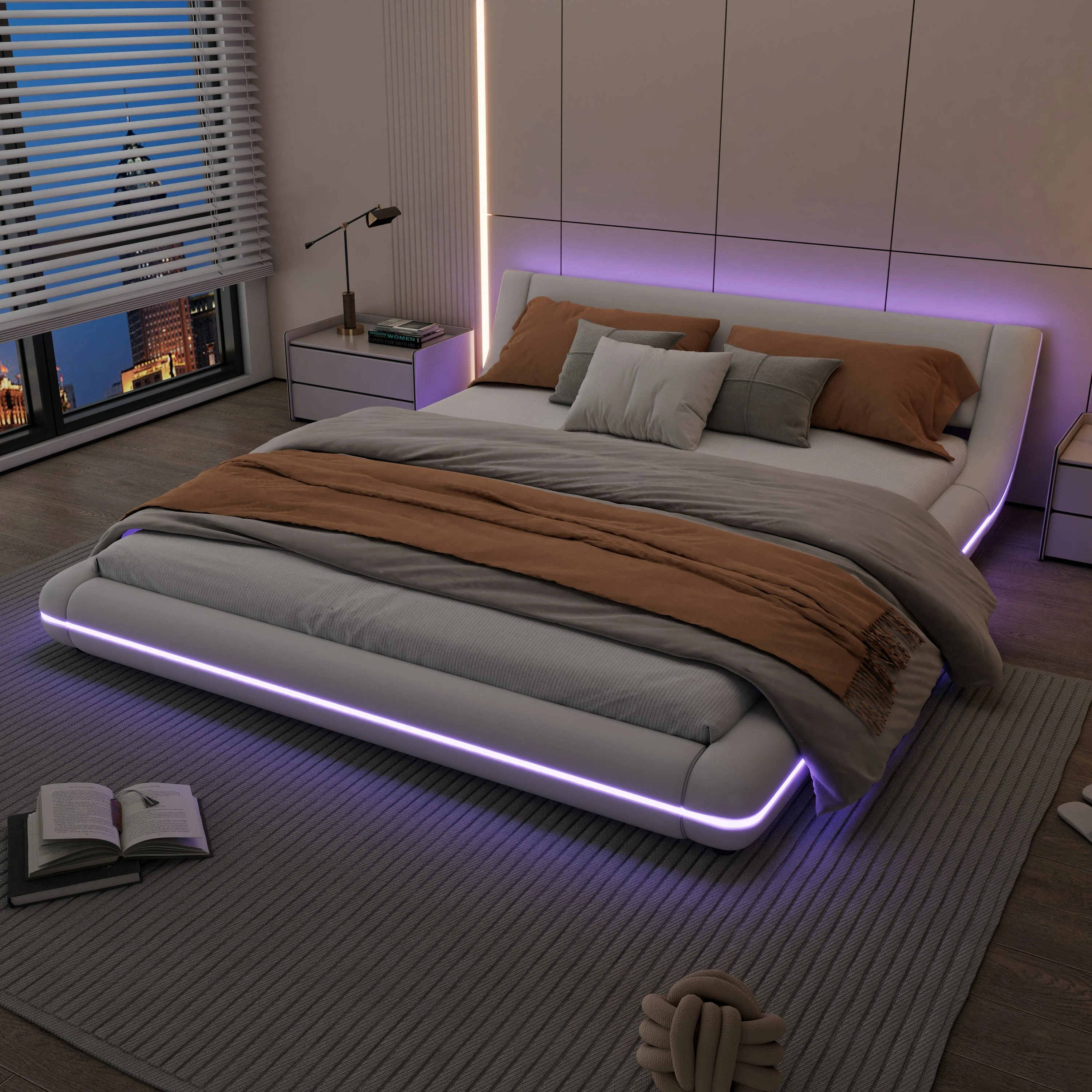 Flatbed Floor Bed 160x200cm LED Ambient Light PU White - Image 3