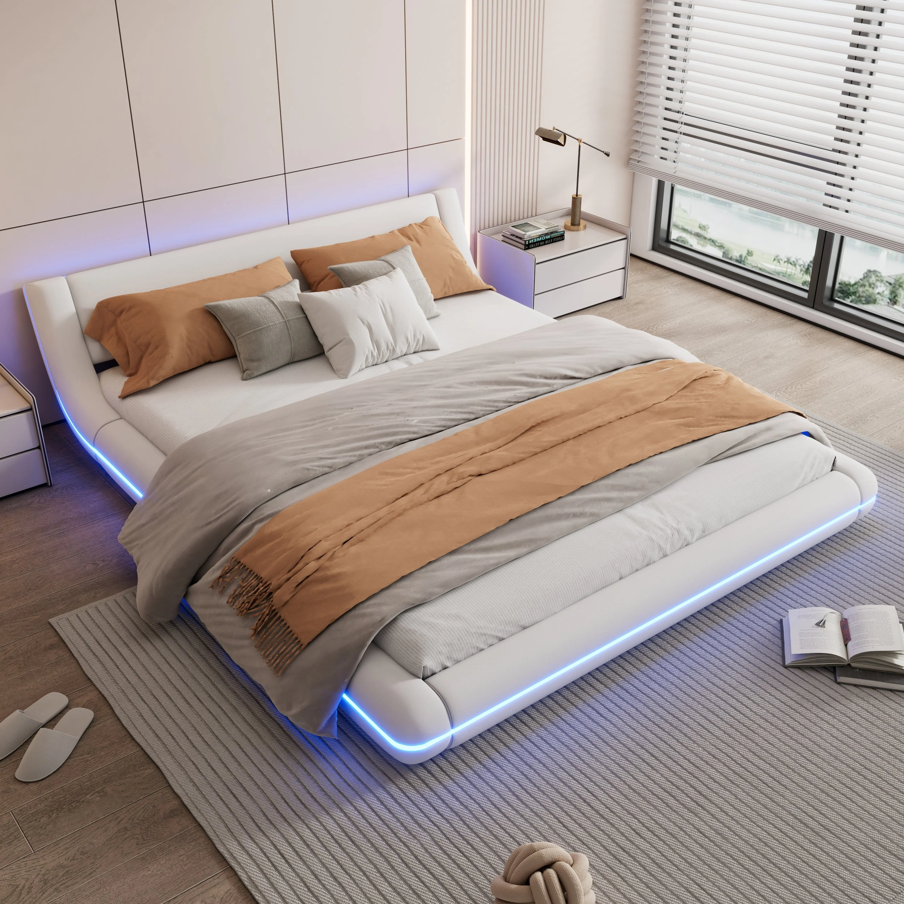 Flatbed Floor Bed 160x200cm LED Ambient Light PU White - Image 4