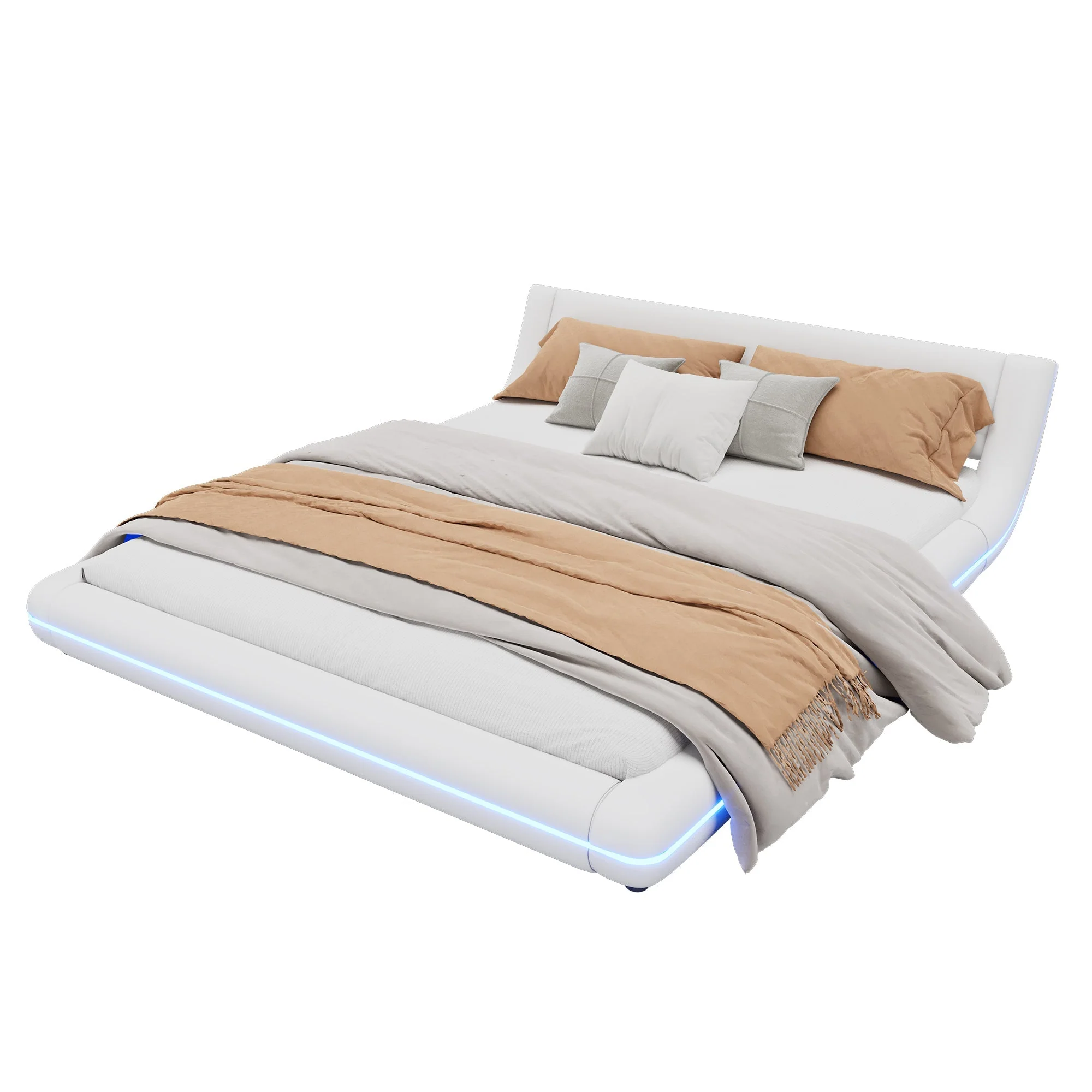 Flatbed Floor Bed 160x200cm LED Ambient Light PU White - Image 5