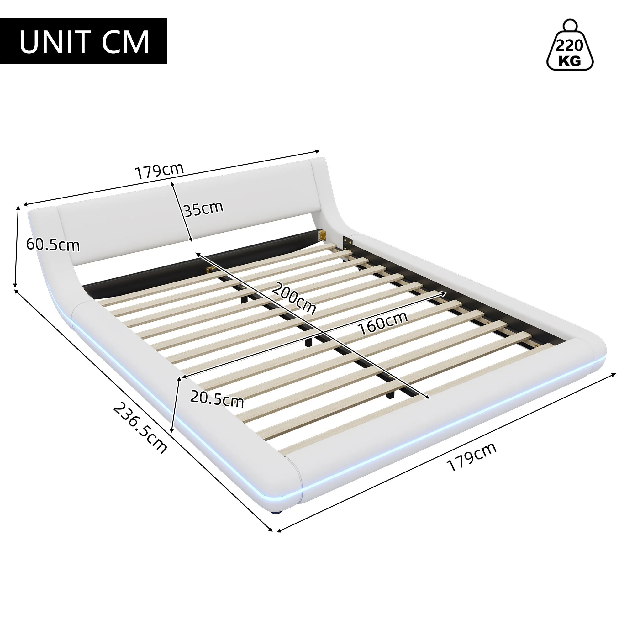 Flatbed Floor Bed 160x200cm LED Ambient Light PU White - Image 6