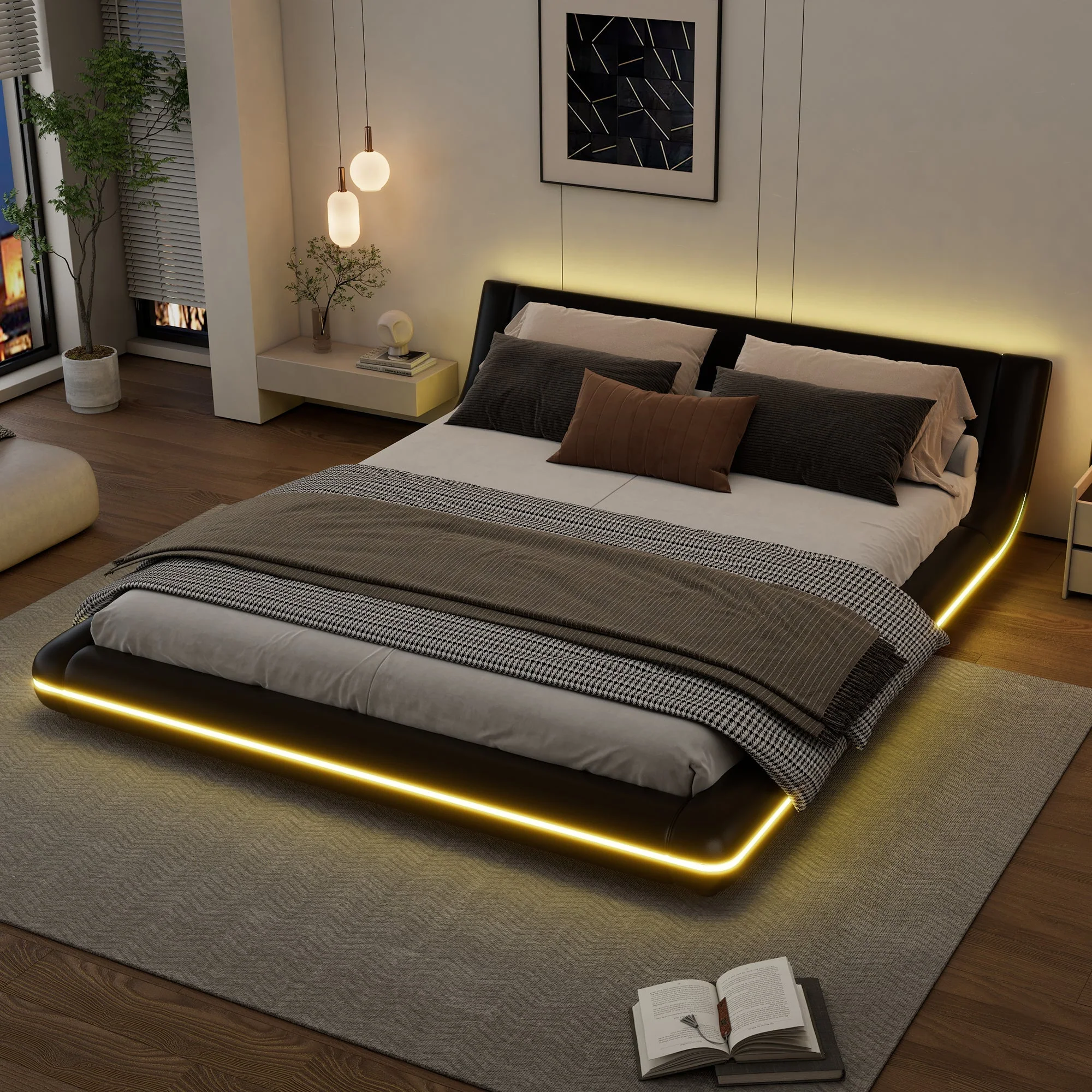 Flatbed Floor Bed 160x200cm with LED Ambient Light PU Black - Image 2