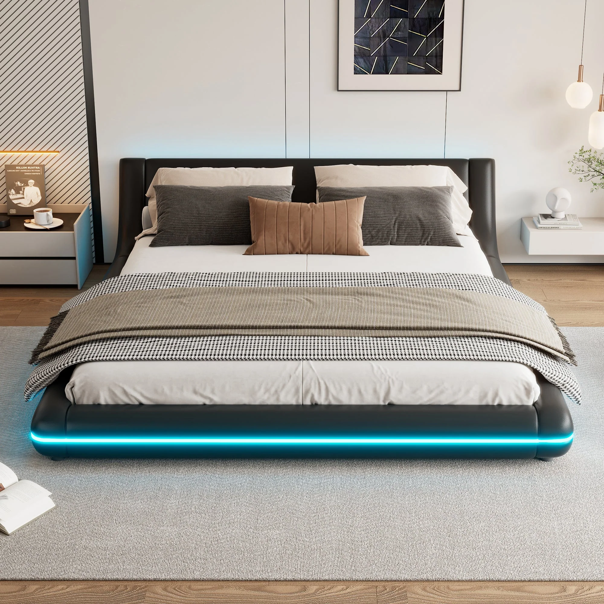 Flatbed Floor Bed 160x200cm with LED Ambient Light PU Black - Image 3