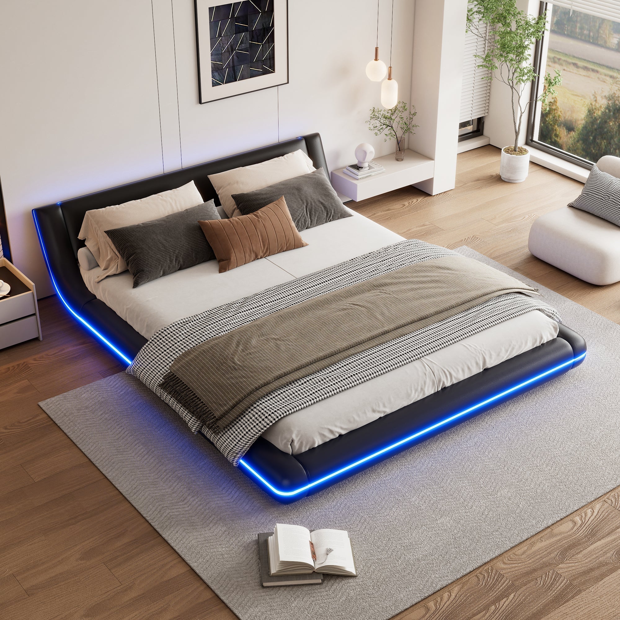 Flatbed Floor Bed 160x200cm with LED Ambient Light PU Black - Image 4