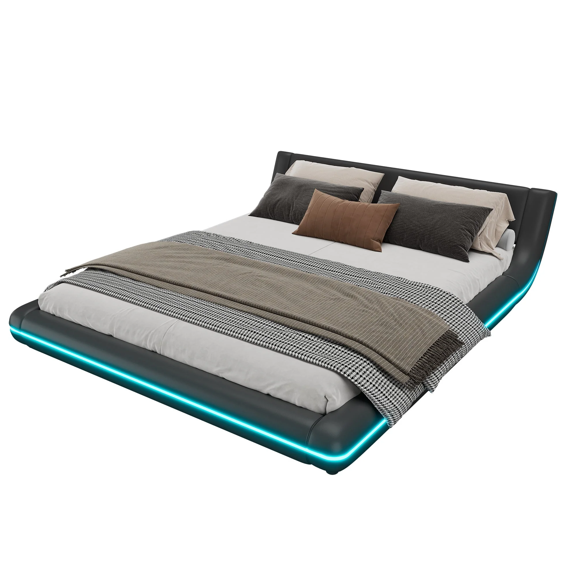 Flatbed Floor Bed 160x200cm with LED Ambient Light PU Black - Image 5