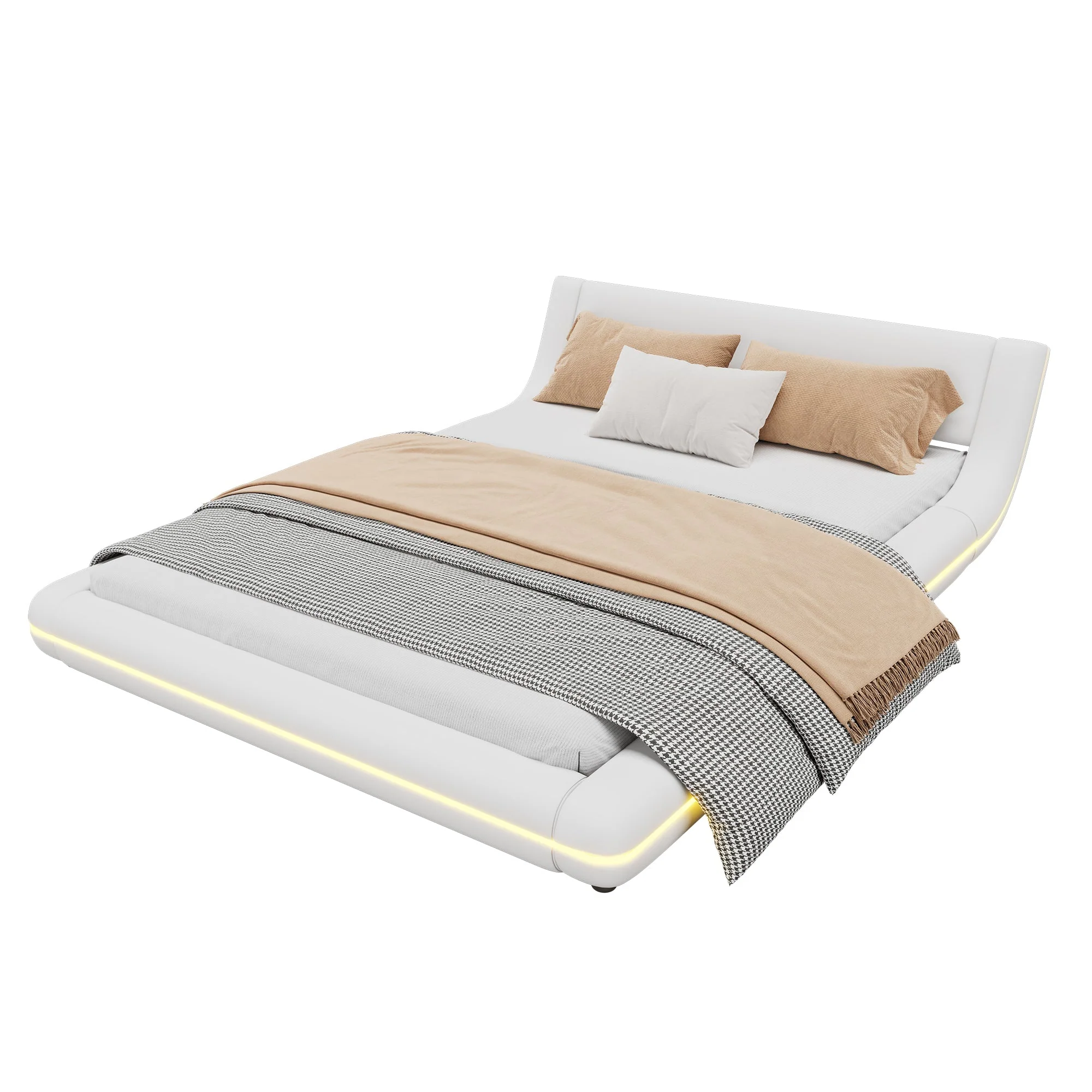 Flatbed Floor Bed with LED Ambient Light, 140x200cm, White PU - Image 5