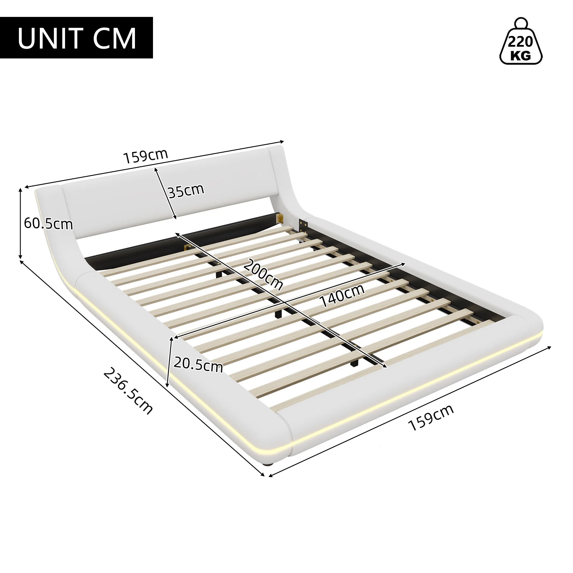 Flatbed Floor Bed with LED Ambient Light, 140x200cm, White PU - Image 6