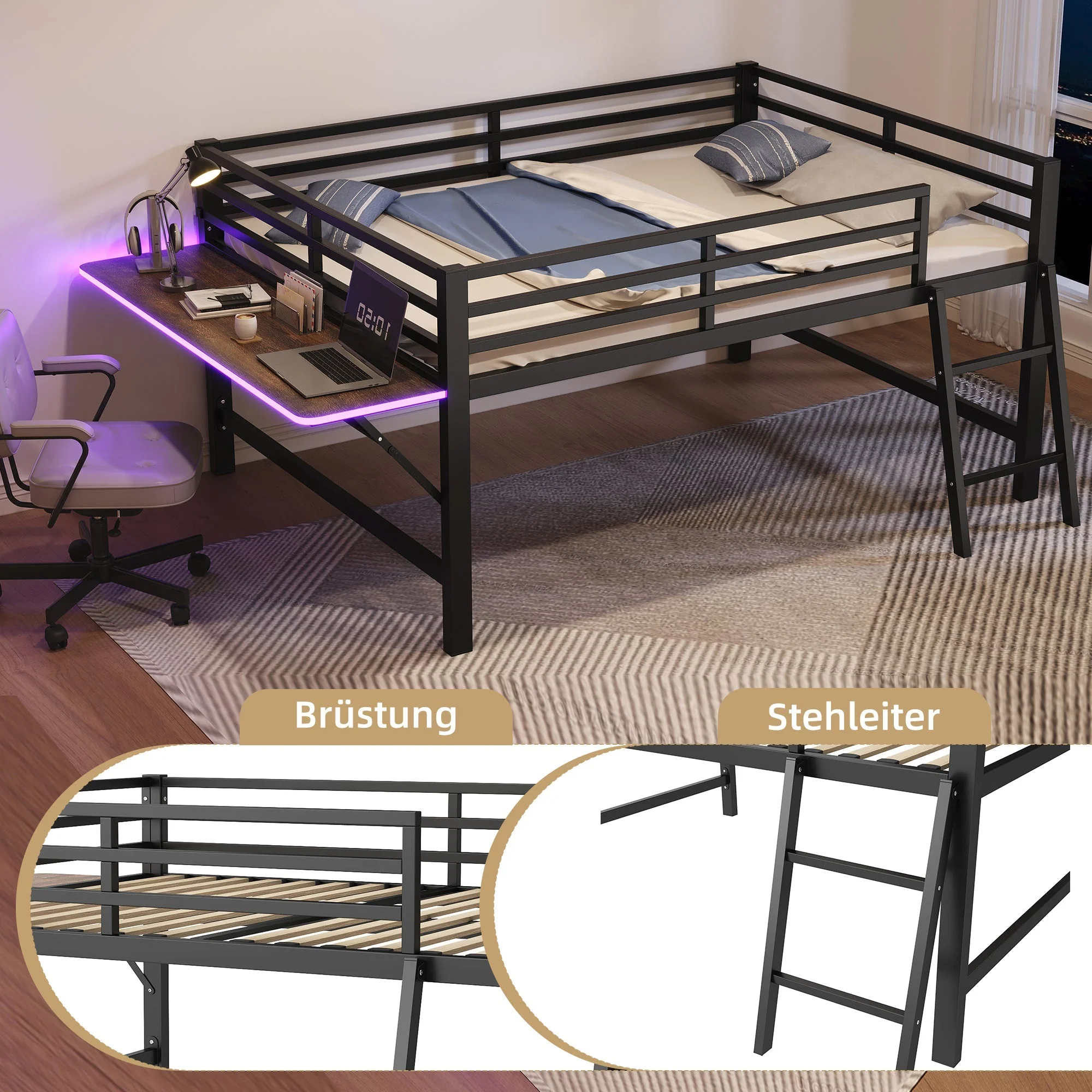 Flatbed Metal Bed 140x200cm Desk Ladder LED Light - Black - Image 3