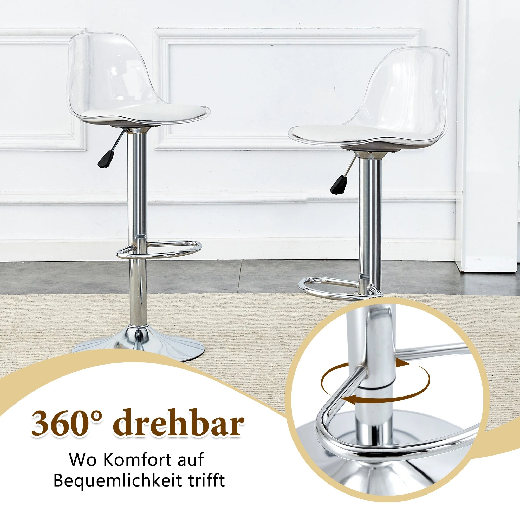 Flexible Bar Set 89cm Glass Table with 2 Height-Adjustable Swivel Stools Silver Legs - Image 6