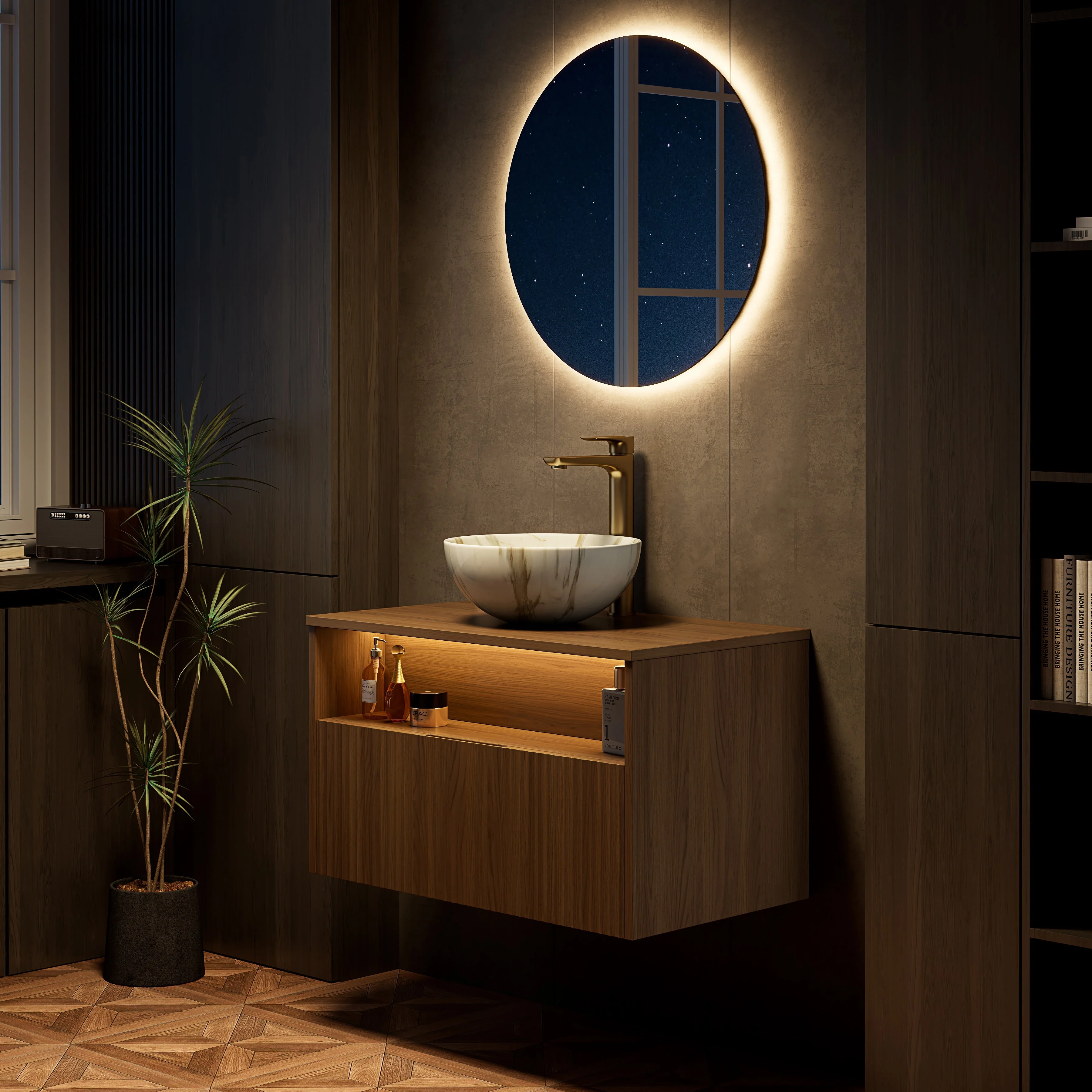 Floating Bathroom Sink with Ceramic Bowl and Sensor Light, Espresso Wood Grain - Image 8