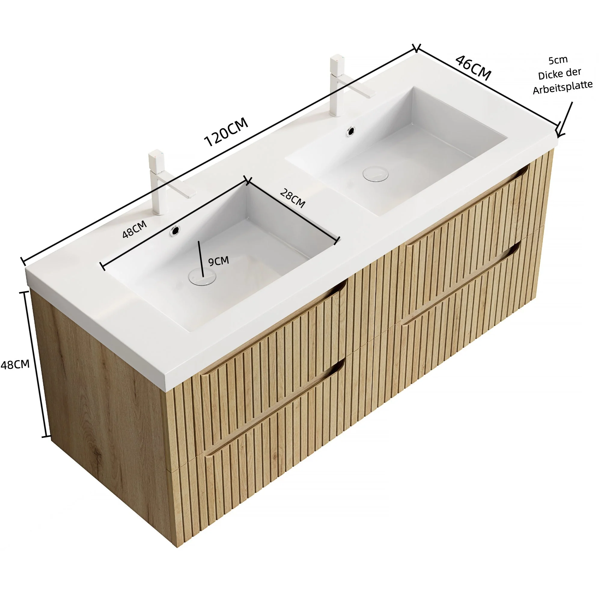 Floating Bathroom Vanity Unit with 2 Undermount Sinks and 4 Drawers, White Oak Wood Grain - Image 10