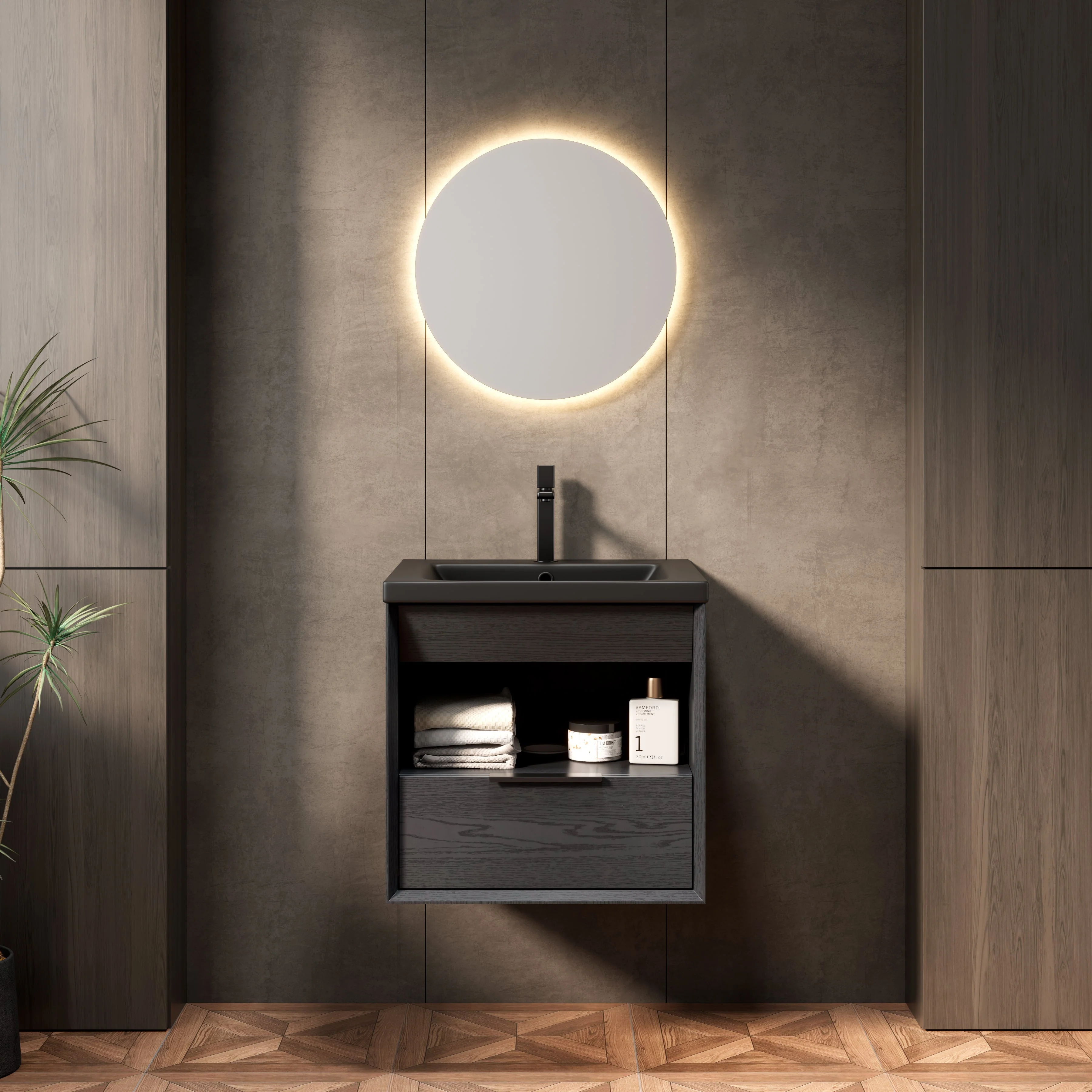 Floating Bathroom Vanity Unit with Ceramic Sink and Storage Drawer, Black Wood Grain