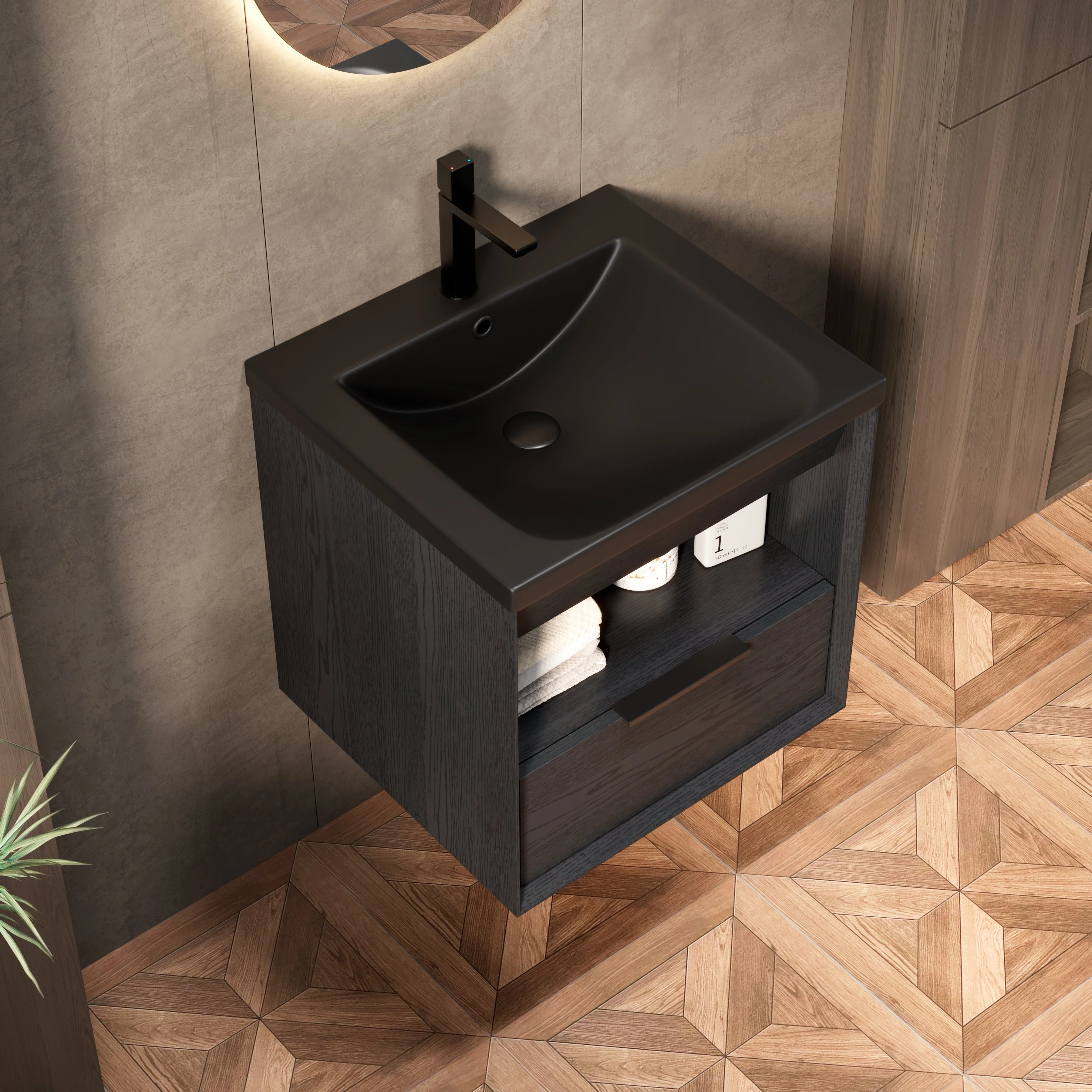 Floating Bathroom Vanity Unit with Ceramic Sink and Storage Drawer, Black Wood Grain - Image 2