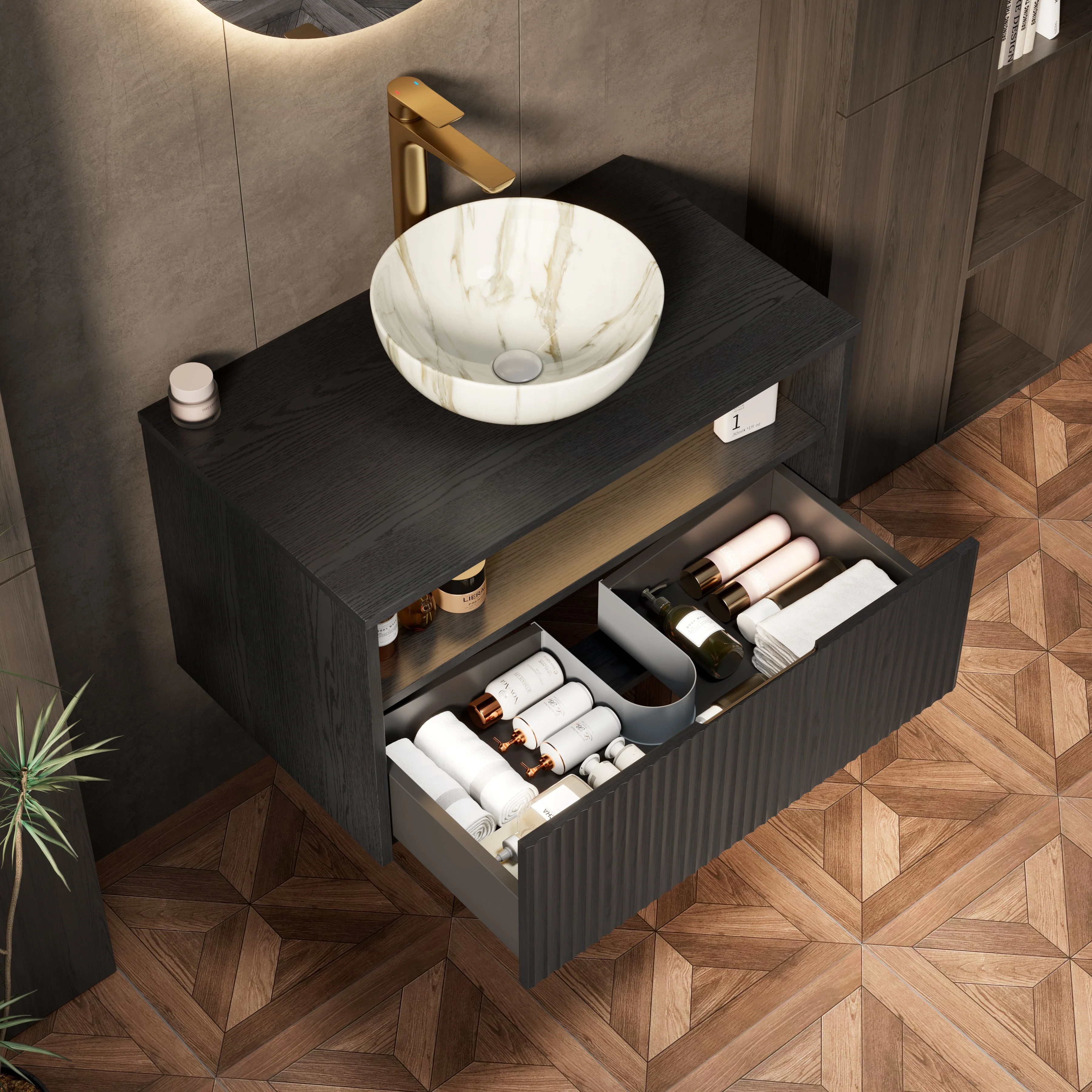 Floating Bathroom Vanity with Ceramic Basin and Sensor Light, 80cm Plywood, Black - Image 2