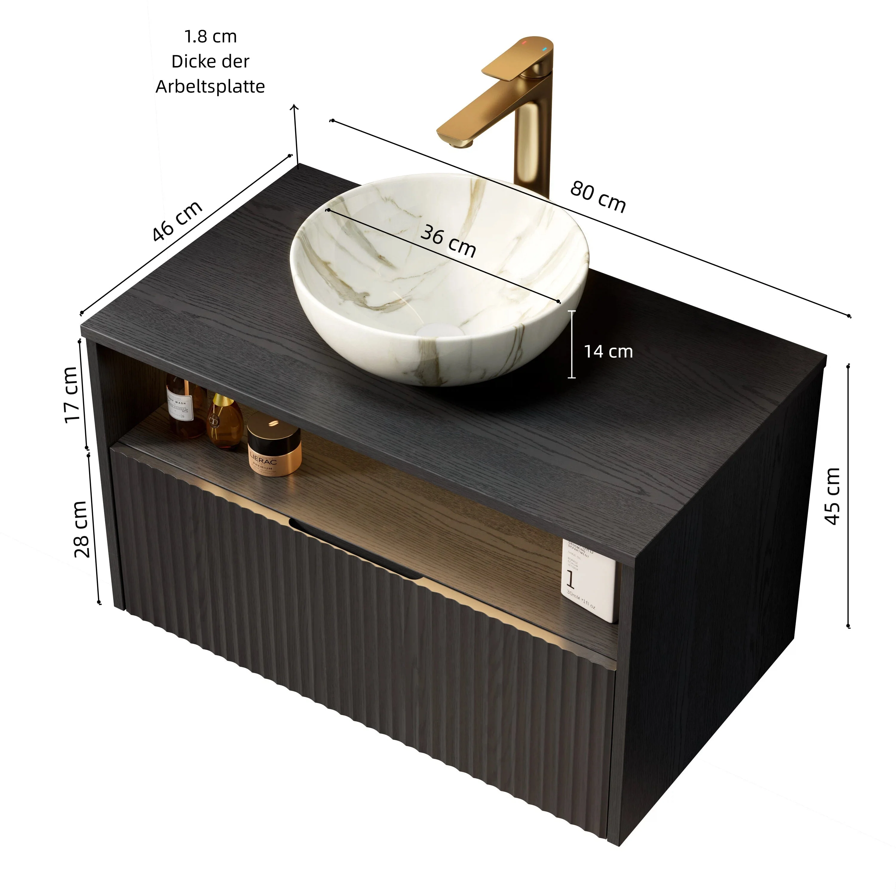 Floating Bathroom Vanity with Ceramic Basin and Sensor Light, 80cm Plywood, Black - Image 8