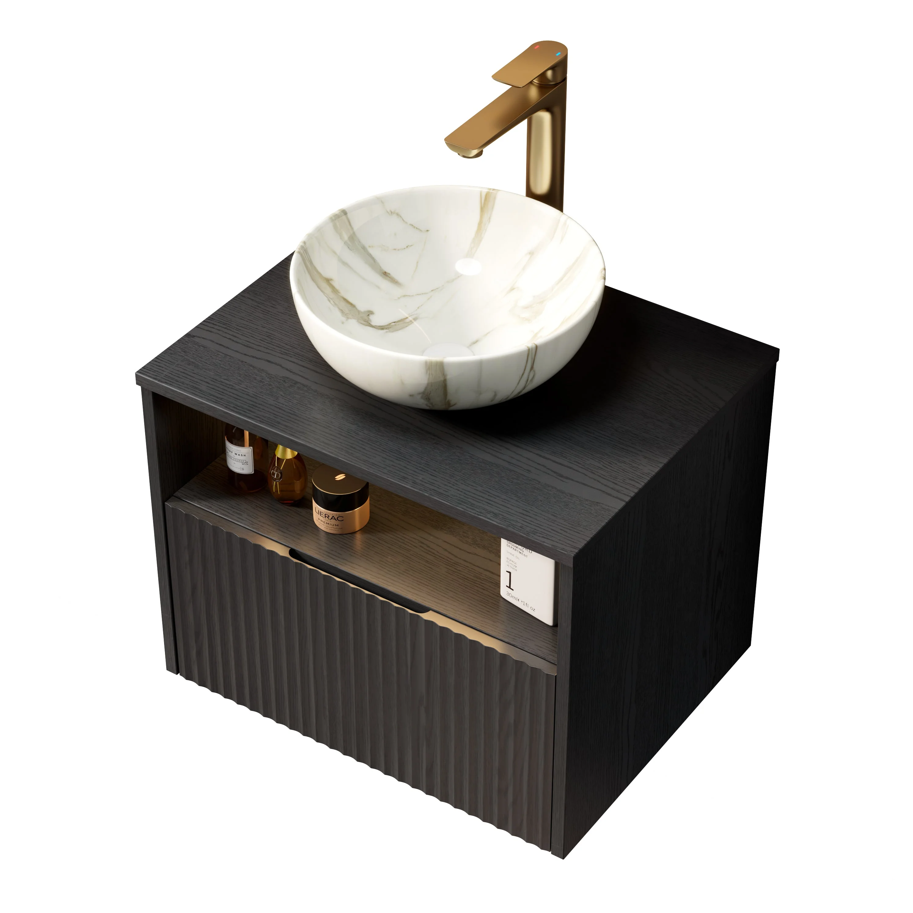 Floating Bathroom Vanity with Ceramic Basin and Sensor Light, Black Plywood - Image 7