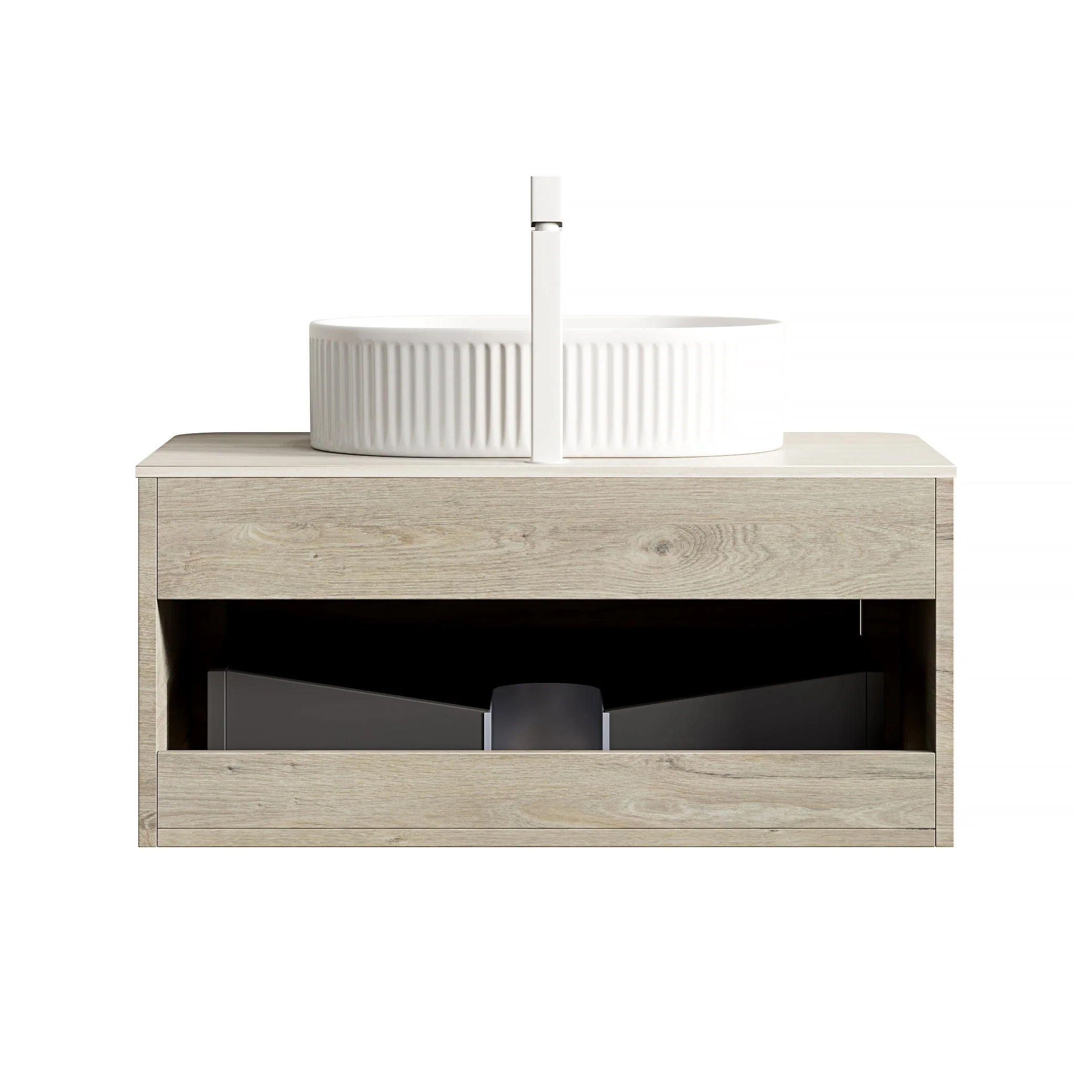 Floating Bathroom Vanity with Oval Sink and Sintered Stone Top, Oak Cream Wood Grain - Image 10