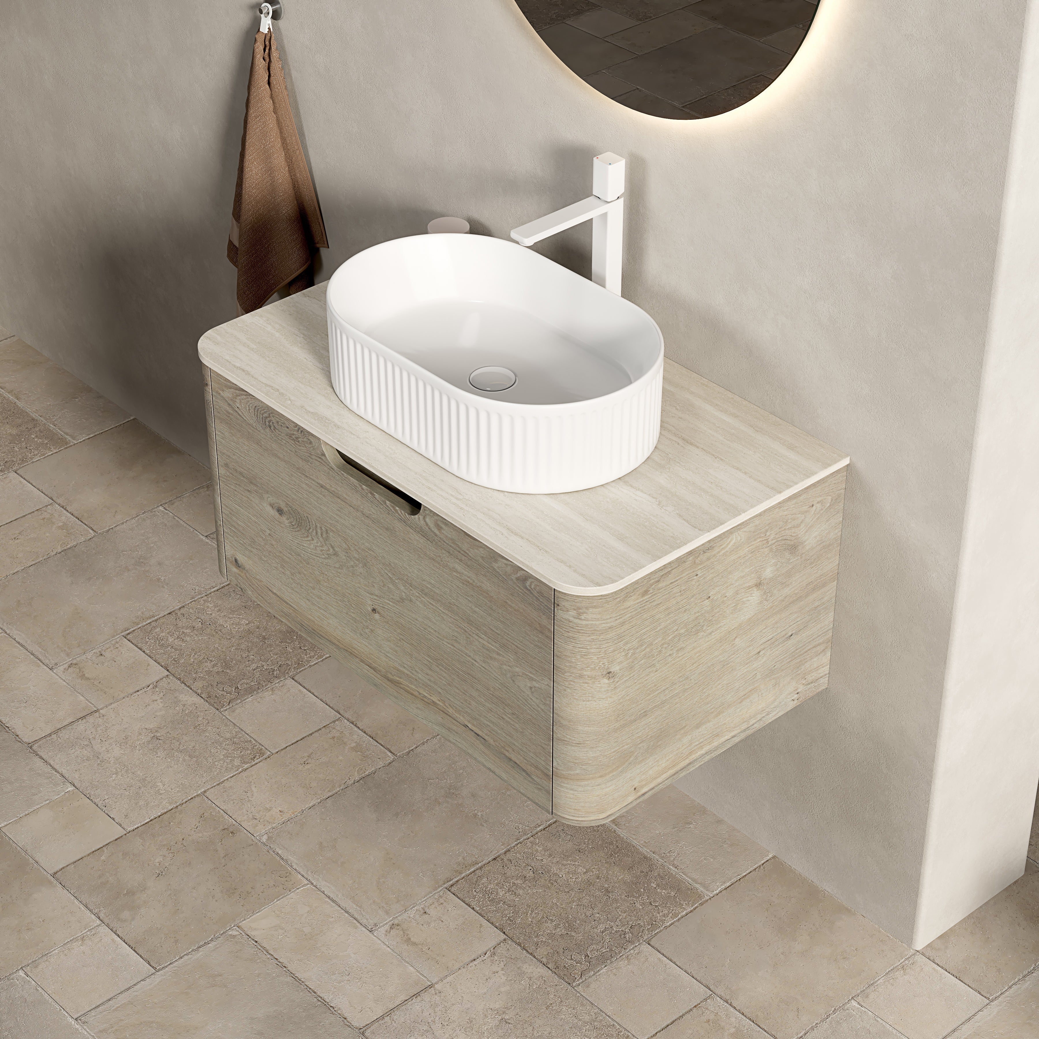 Floating Bathroom Vanity with Oval Sink and Sintered Stone Top, Oak Cream Wood Grain - Image 8