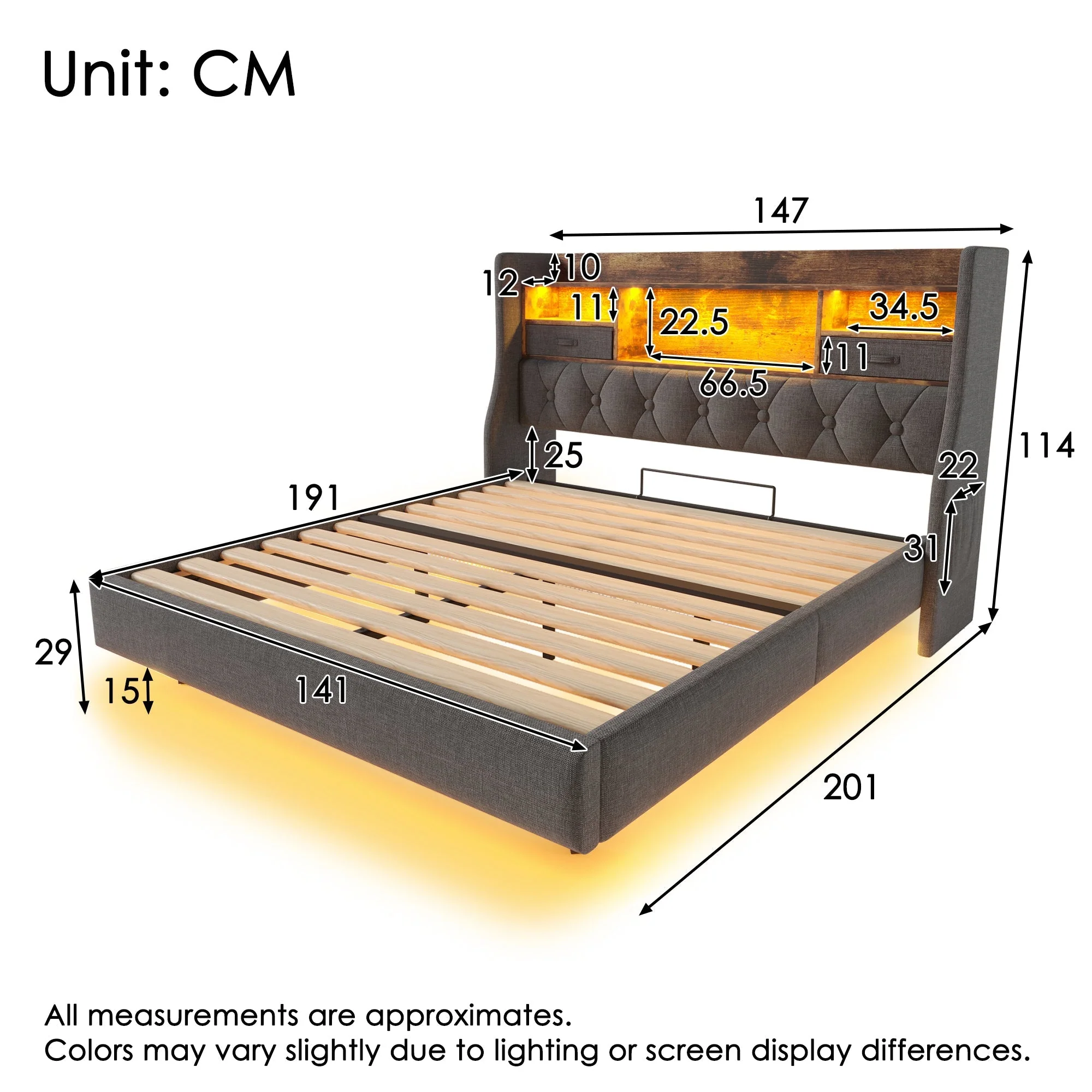 Floating Upholstered Bed with LED and Charging Station, 140x190cm, Grey Linen - Image 2