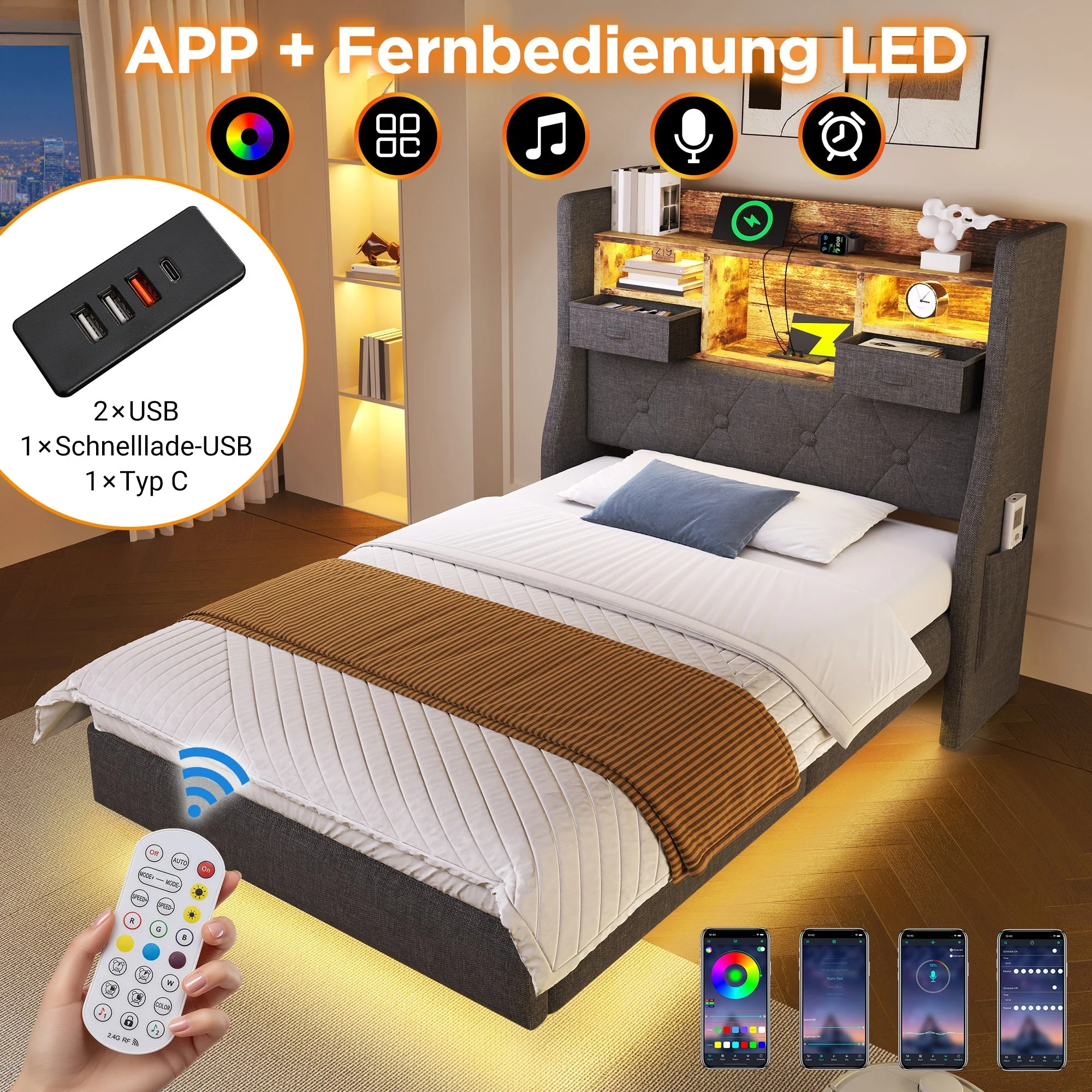 Floating Upholstered Bed with LED and Charging Station, 140x190cm, Grey Linen - Image 3