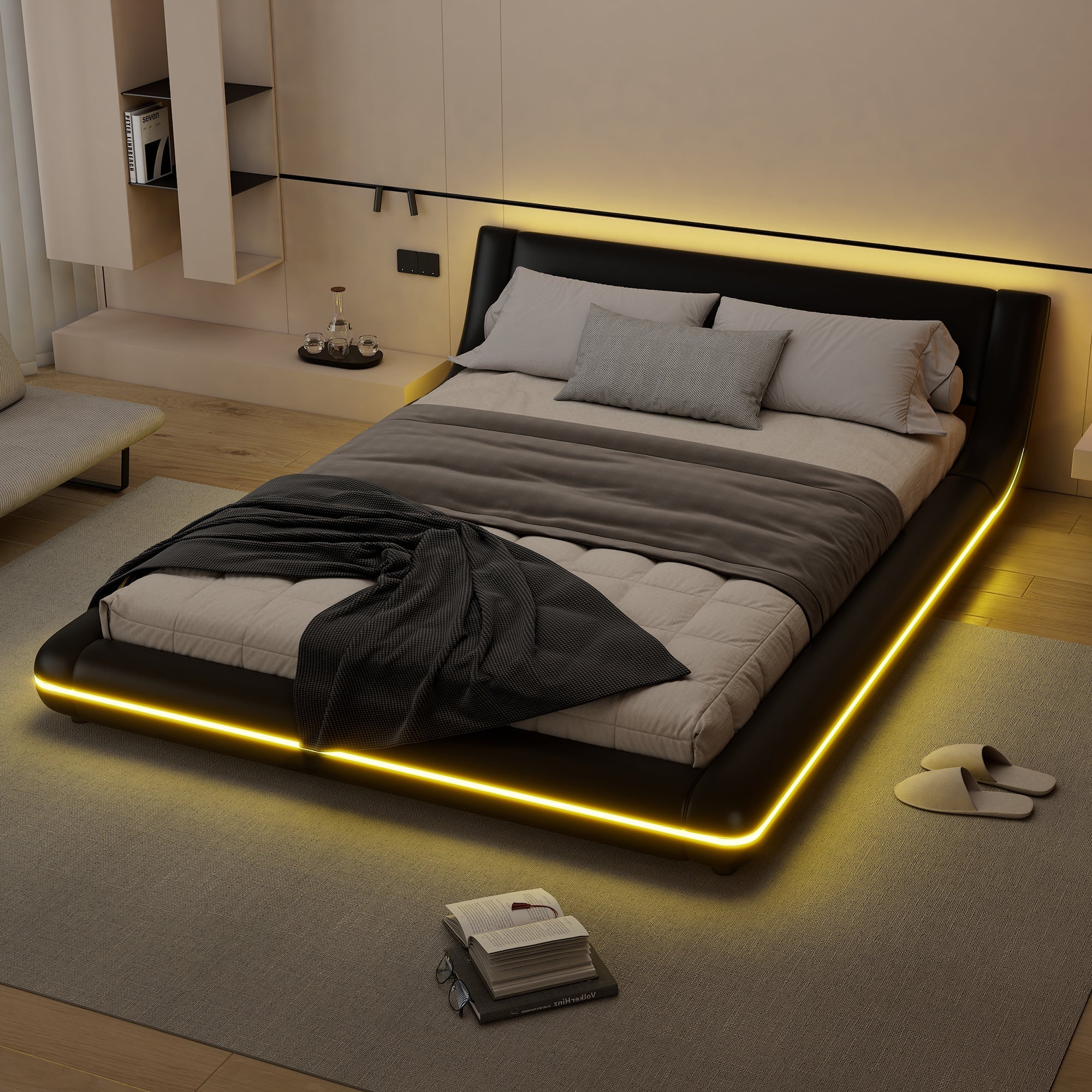 Floor Bed 140x200cm LED Ambient Light - PU Black - Image 2