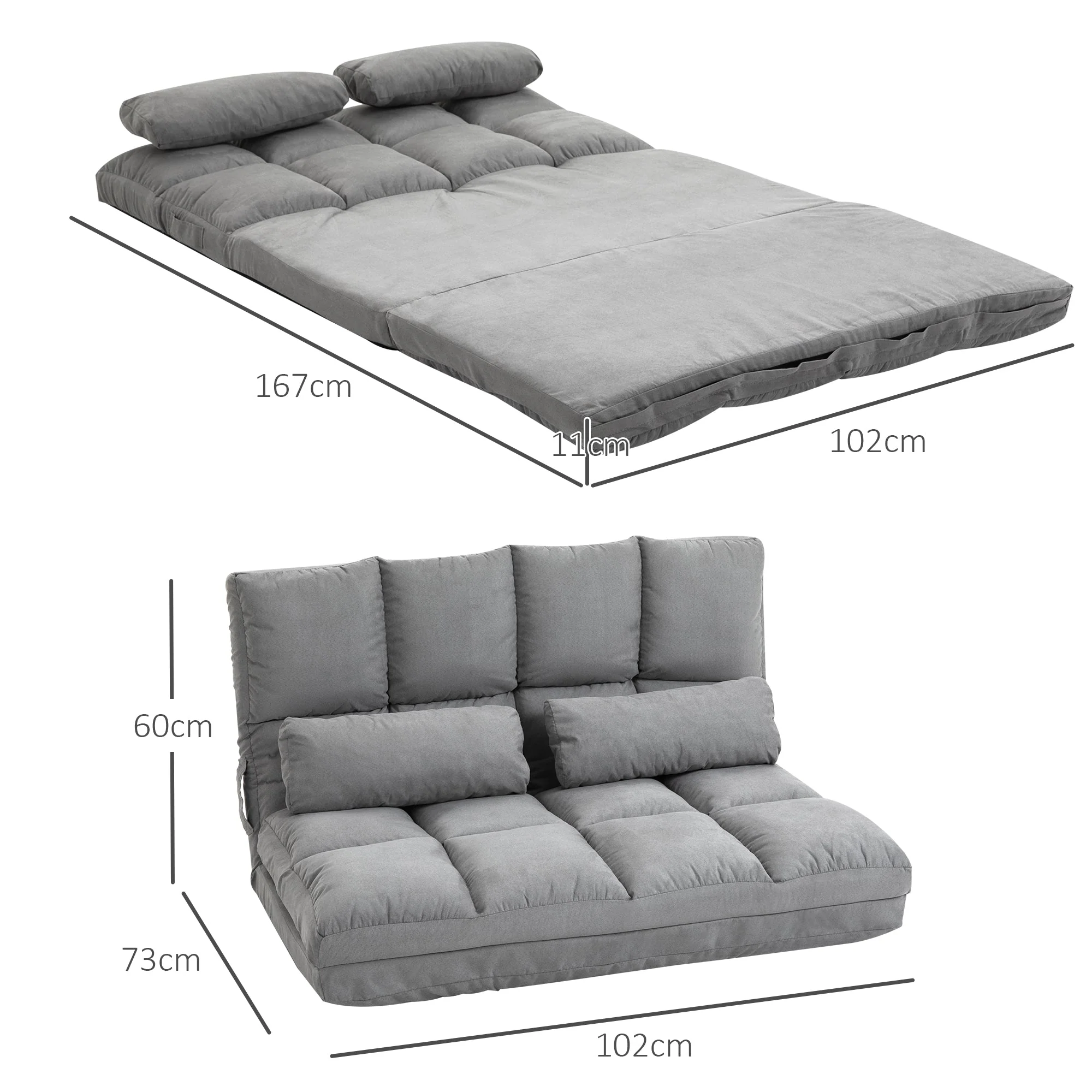 Floor Chair & Bed, Adjustable Backrest Seat Cushion, Grey Velvet & Steel - Image 3