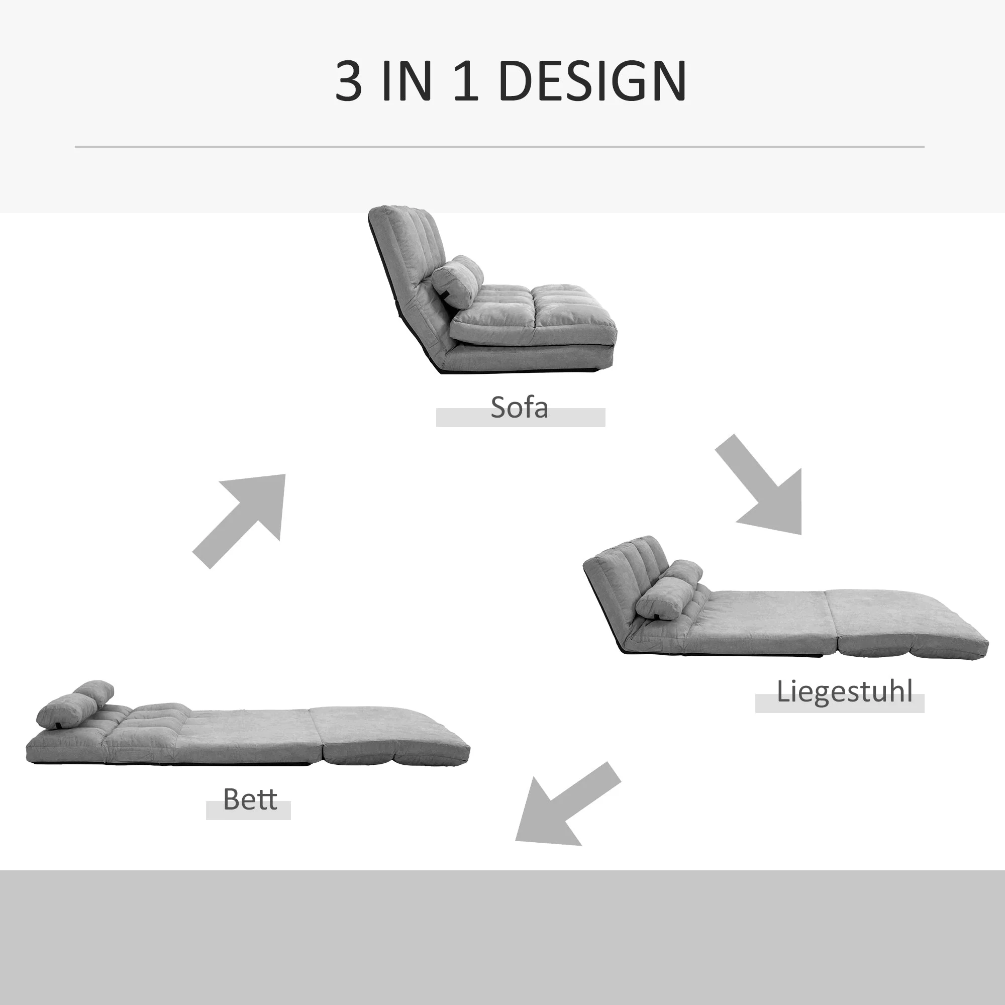 Floor Chair & Bed, Adjustable Backrest Seat Cushion, Grey Velvet & Steel - Image 5