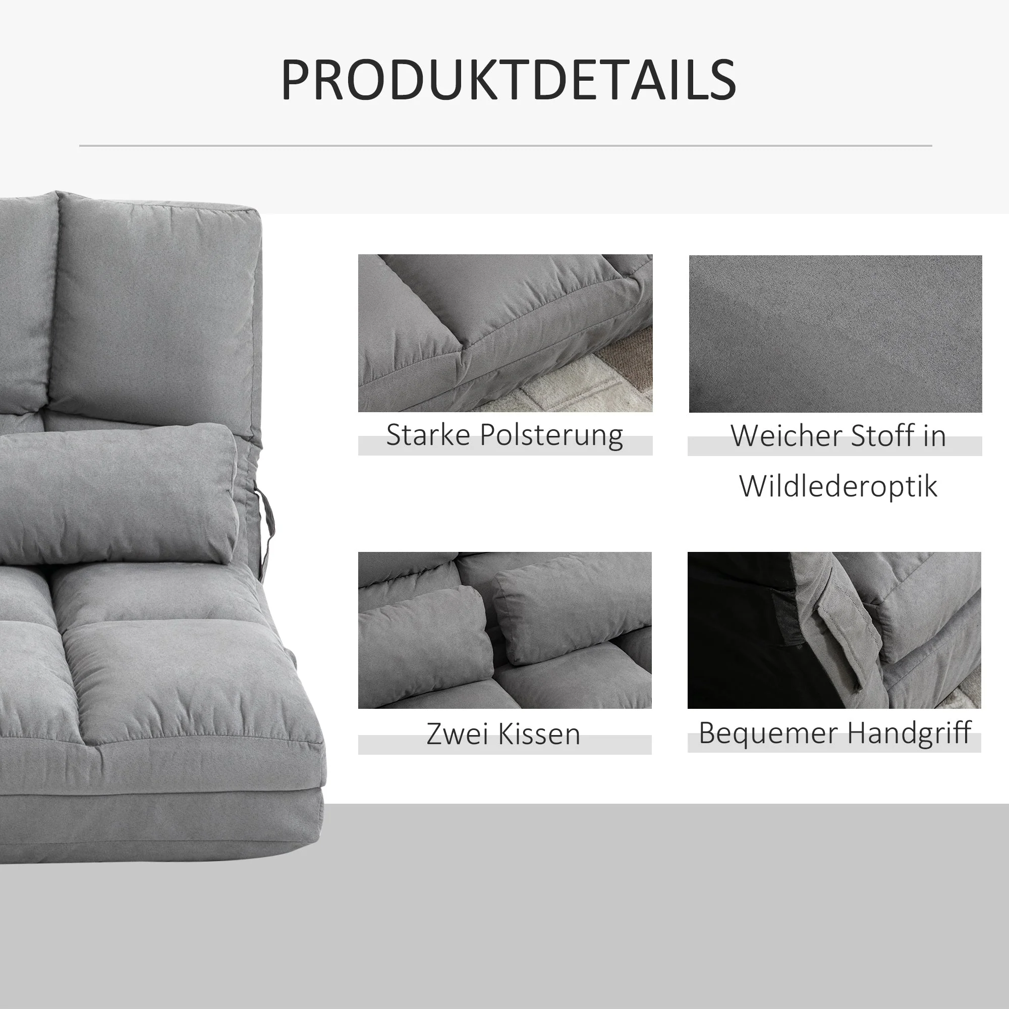 Floor Chair & Bed, Adjustable Backrest Seat Cushion, Grey Velvet & Steel - Image 6