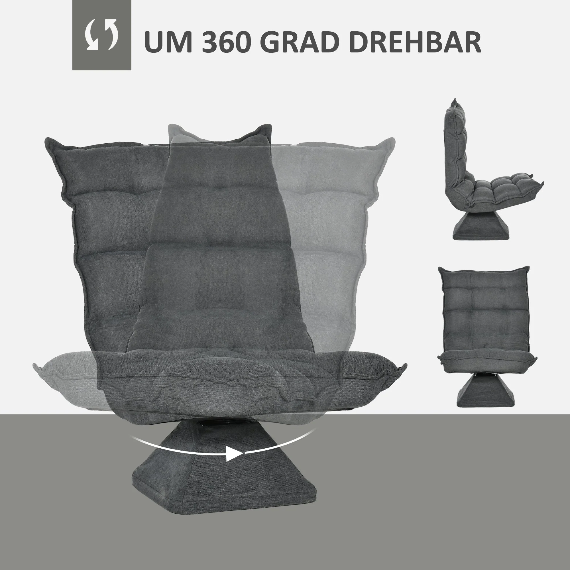 Floor Chair/Sofa, Adjustable Backrest Swivel Recliner Cushion, Grey Microfiber - Image 5