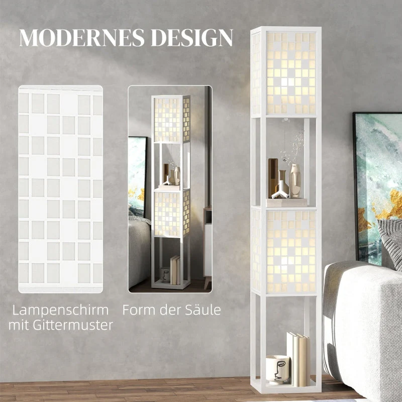 Floor Lamp, 2 Compartments E27 Socket Lattice Pattern Column with Foot Switch and Pull Chain, White - Image 4