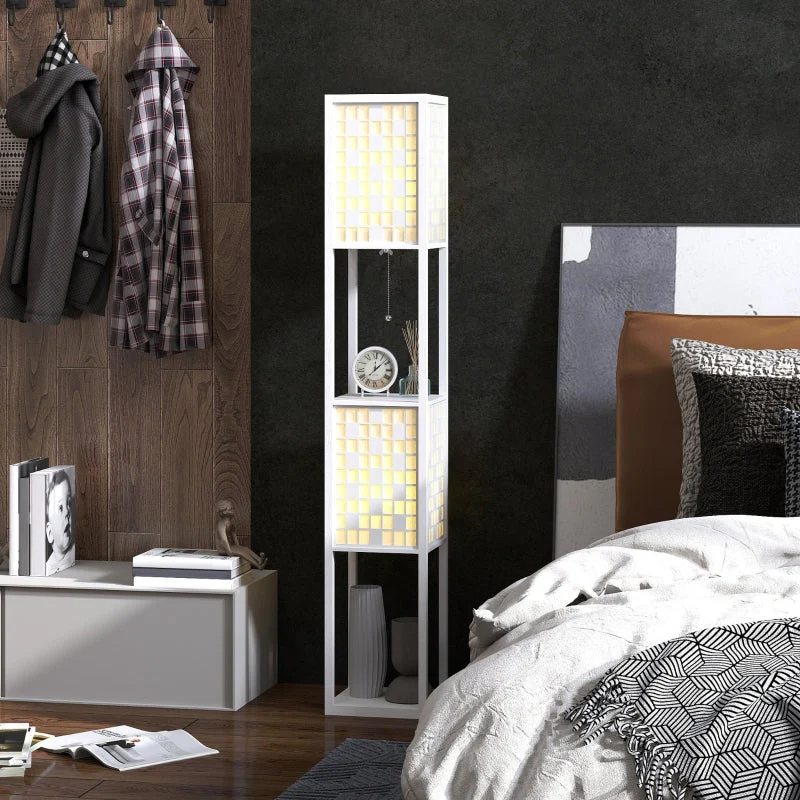 Floor Lamp, 2 Compartments E27 Socket Lattice Pattern Column with Foot Switch and Pull Chain, White - Image 6