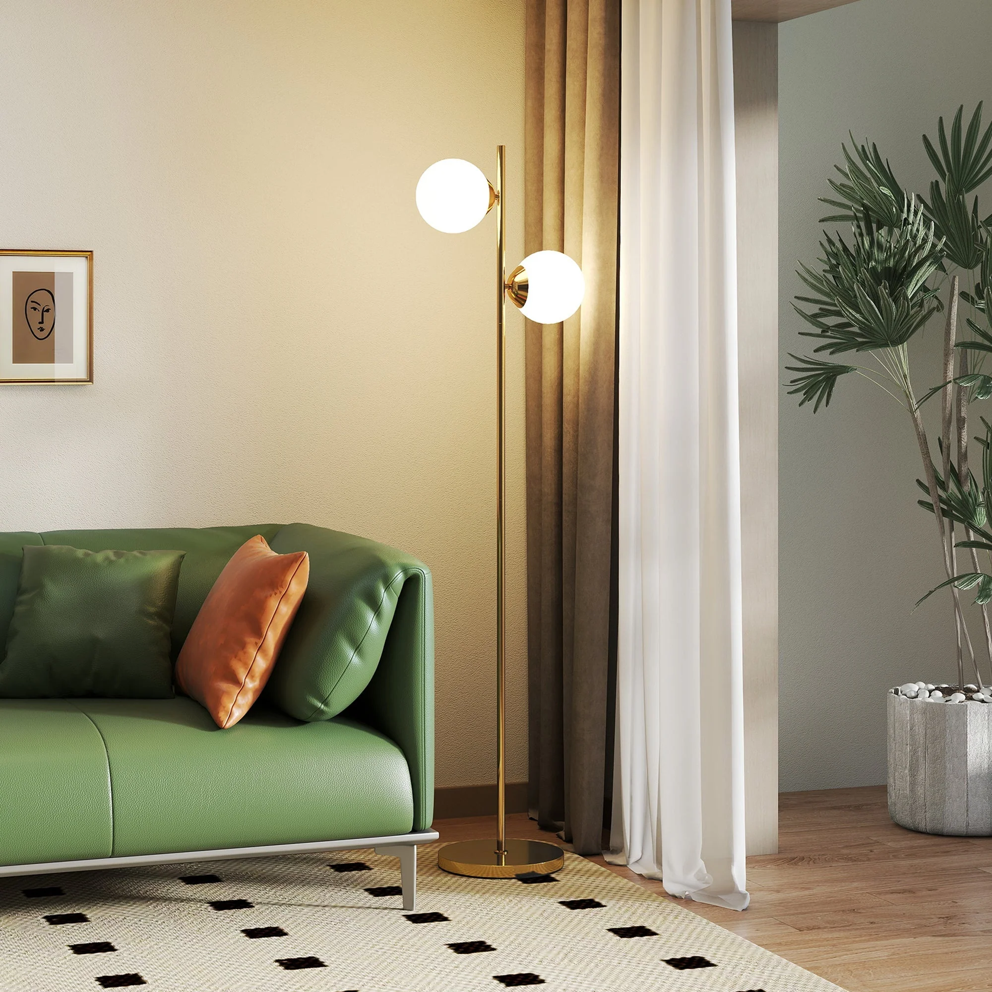 Floor Lamp 2-Piece, Glass Lampshade 165cm High, Gold and White