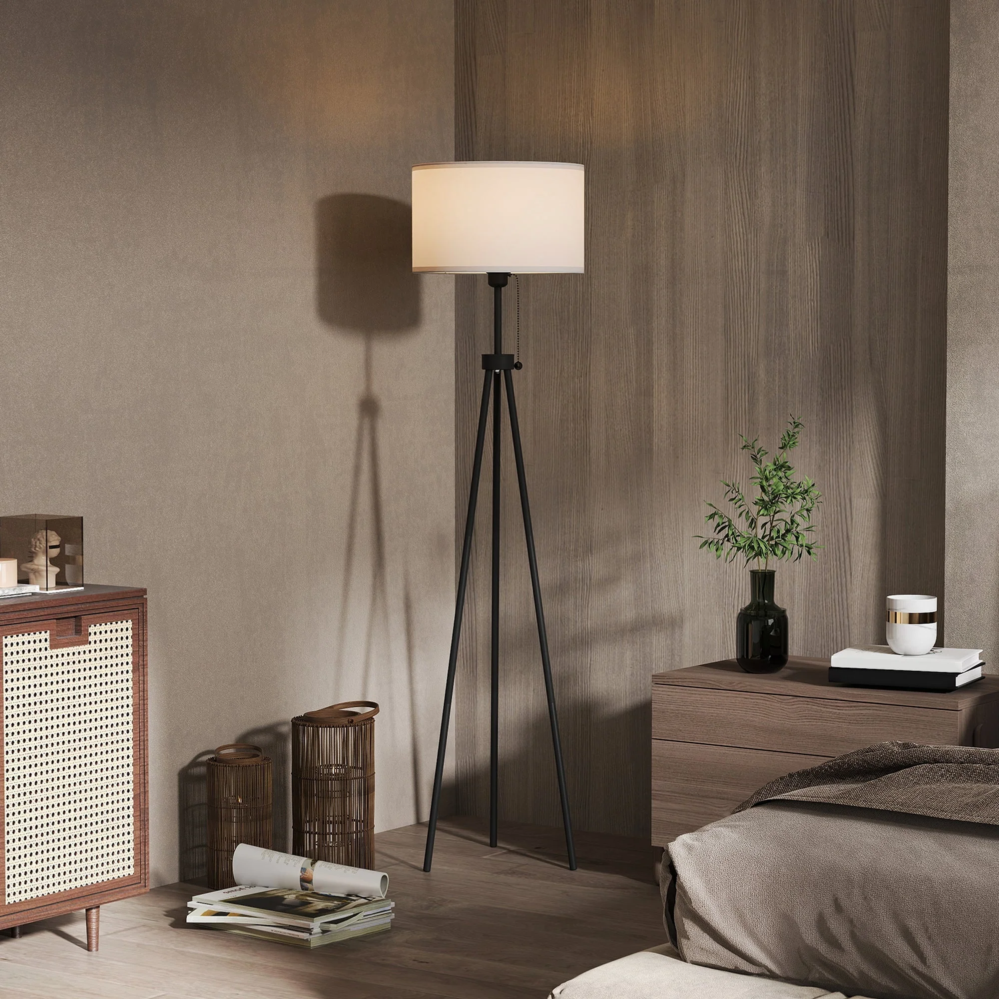 Floor lamp modern E27 stylish, black & white, steel & polyester