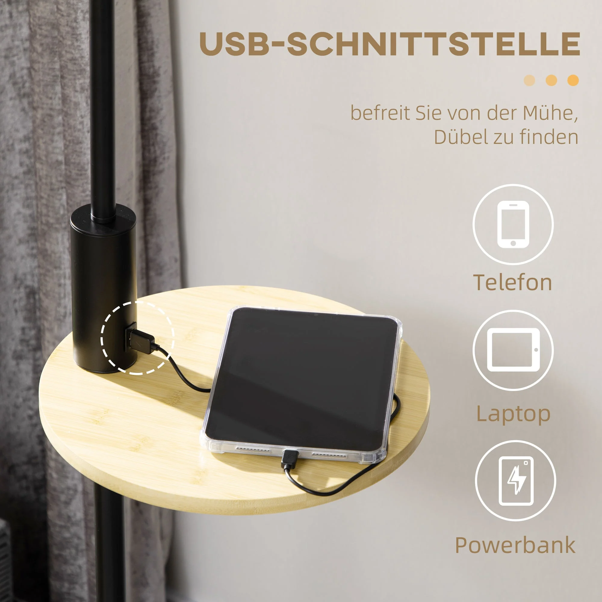 Floor lamp with shelf 40W USB port steel cream - Image 5