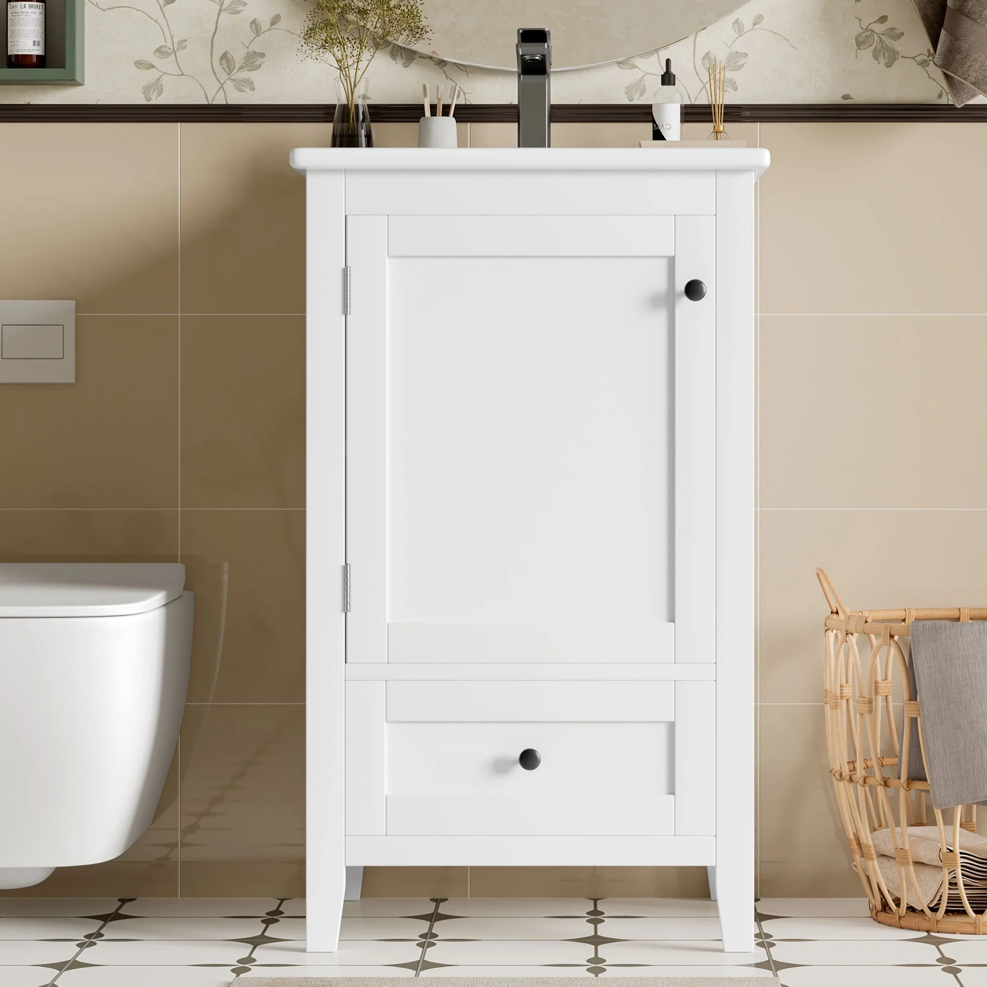 Floor-standing Bathroom Cabinet with Ceramic Sink and Storage Drawer, White - Image 3