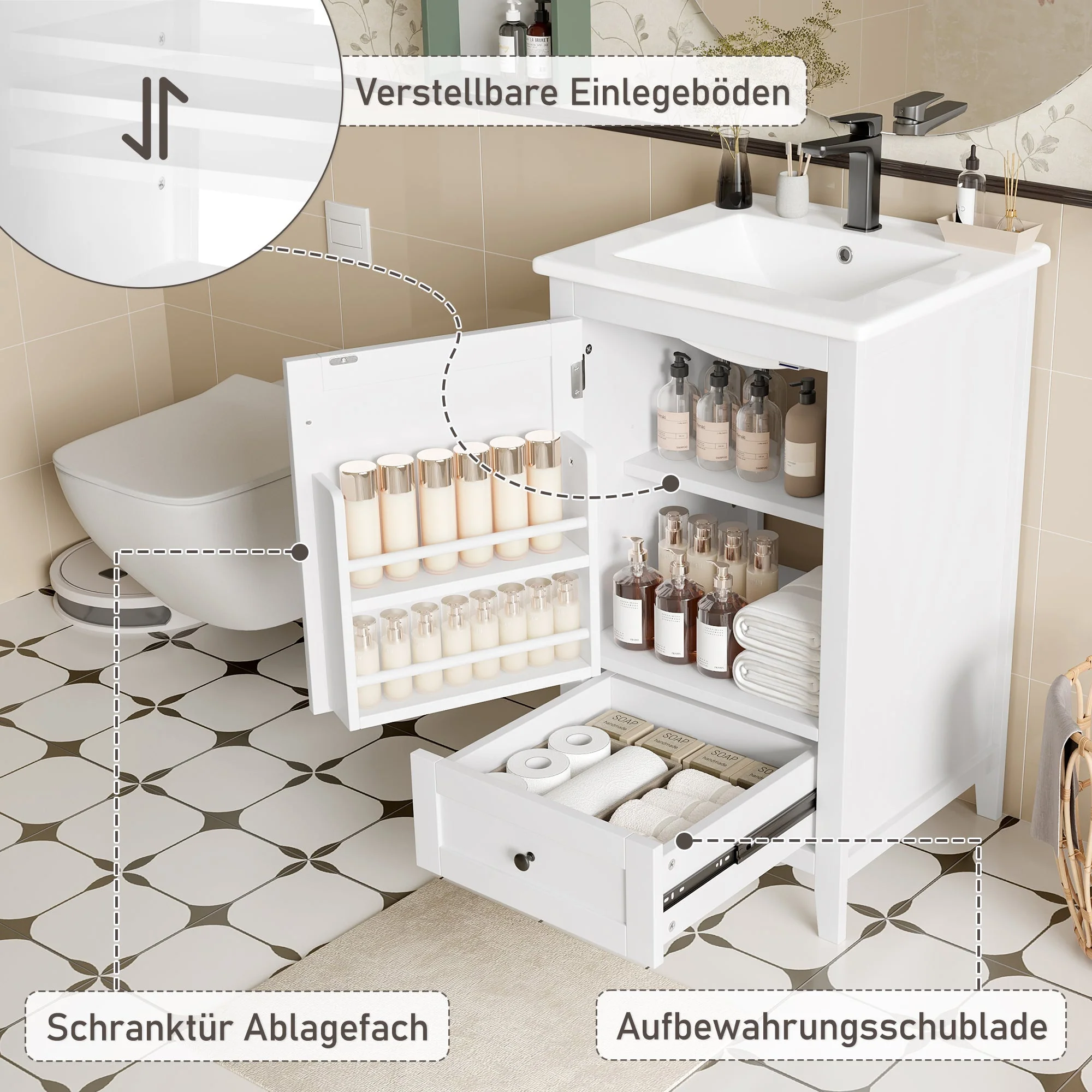 Floor-standing Bathroom Cabinet with Ceramic Sink and Storage Drawer, White - Image 4