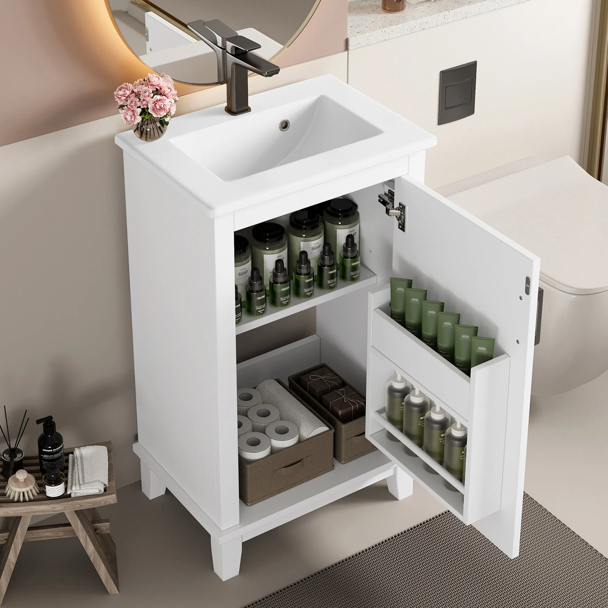 Floor-standing Bathroom Vanity Unit with Integrated Ceramic Sink and Adjustable Shelves, White - Image 2