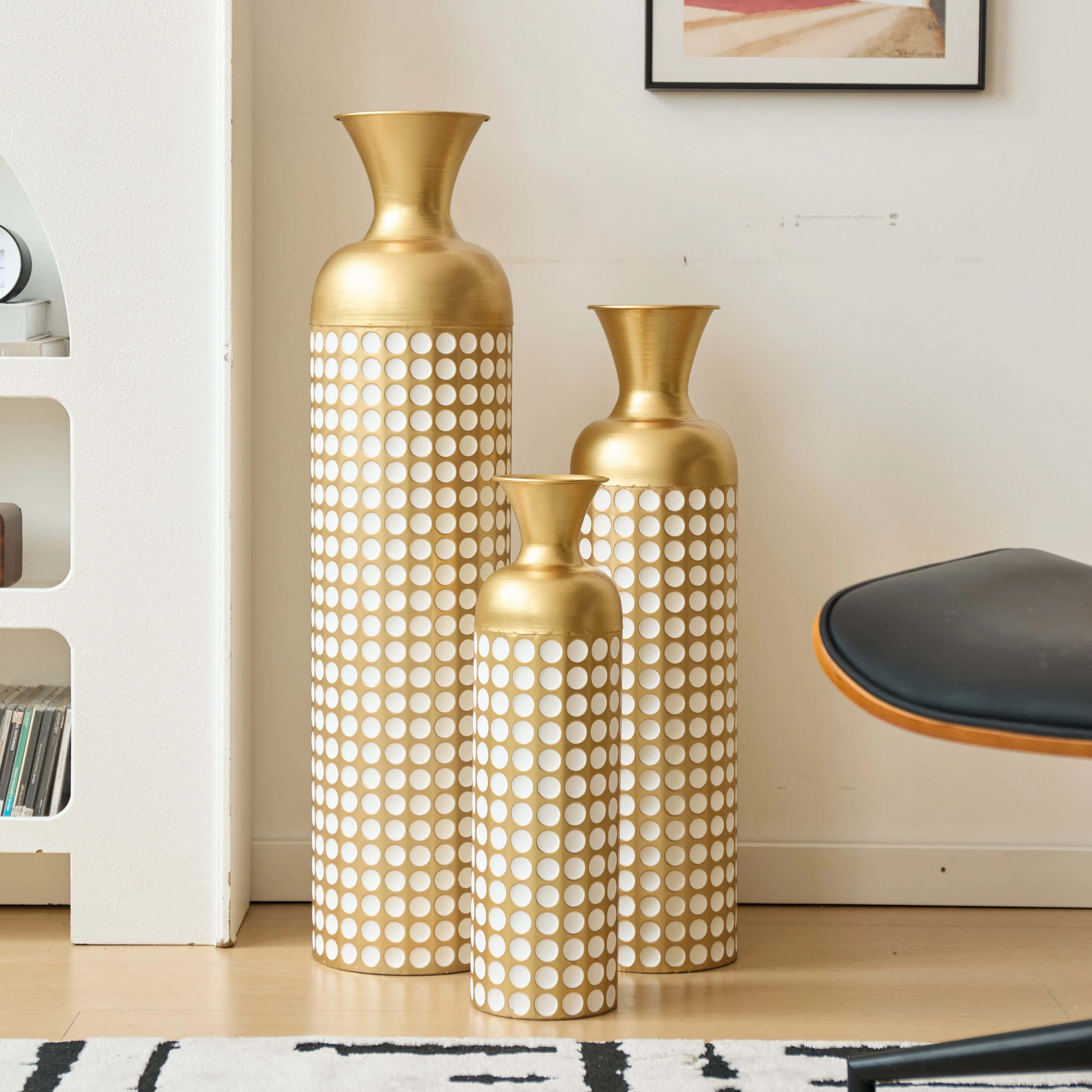 Floor Vase Set, 3 High Retro Vases 83/65/50cm, Decorative Metal Antique Gold