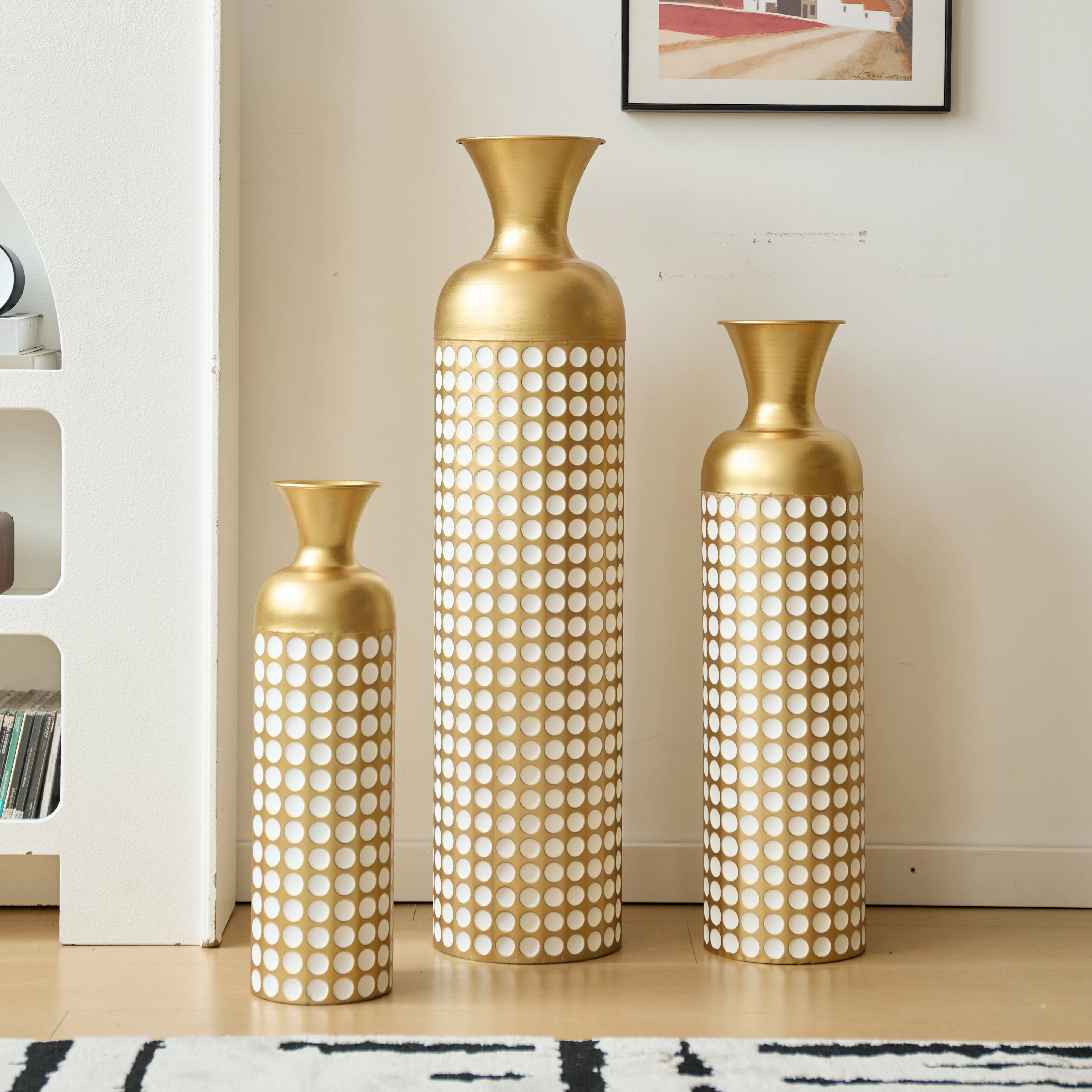 Floor Vase Set, 3 High Retro Vases 83/65/50cm, Decorative Metal Antique Gold - Image 2
