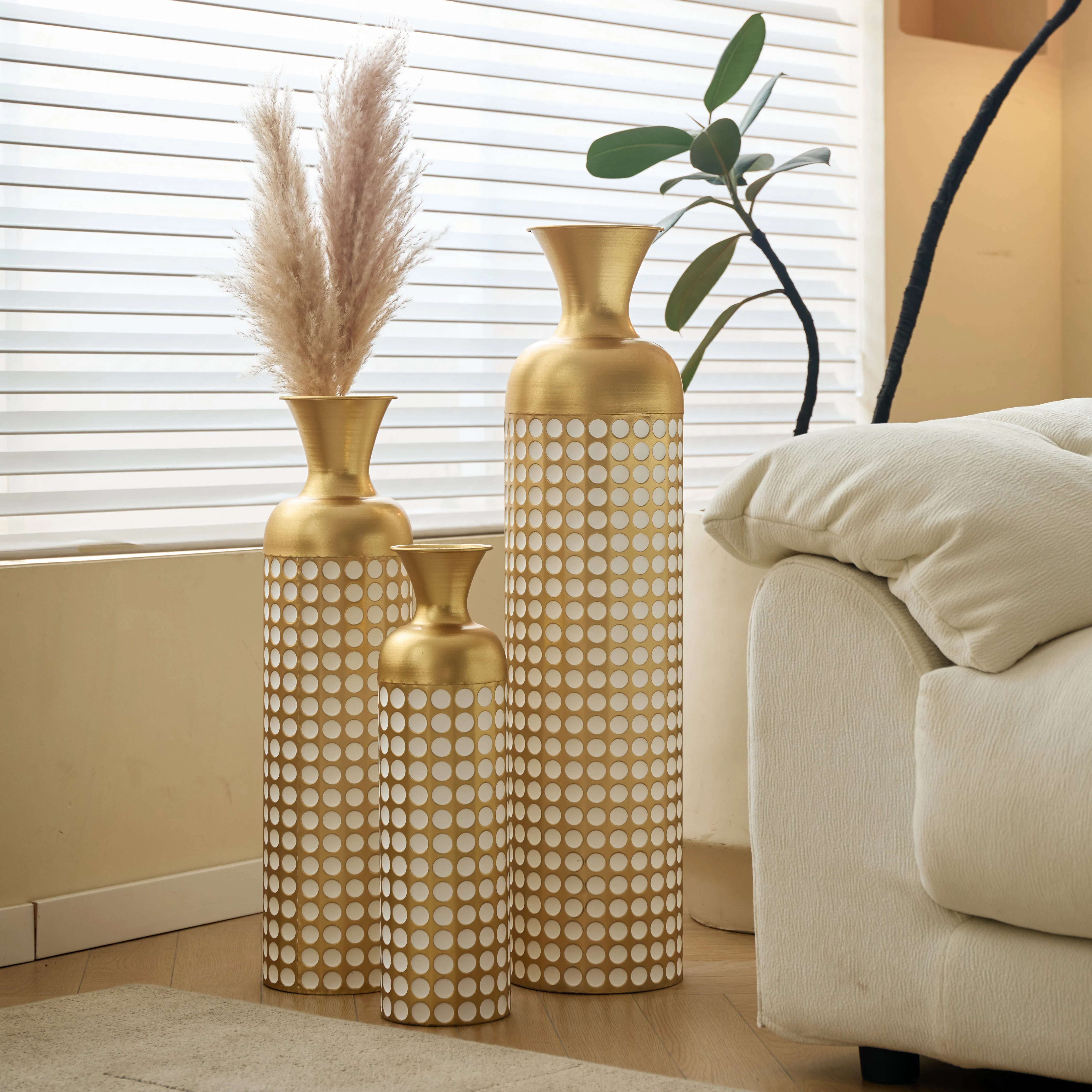 Floor Vase Set, 3 High Retro Vases 83/65/50cm, Decorative Metal Antique Gold - Image 4