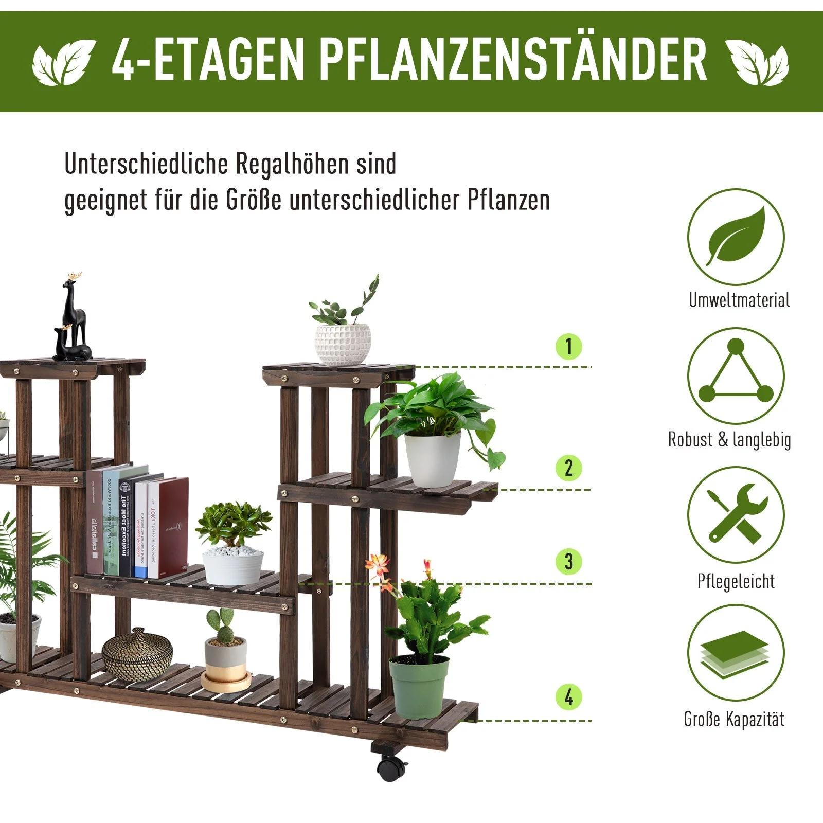 Flower Stand/Plant Shelf, Four-Tier, 123.5x33x80cm, Solid Charred Wood - Image 4
