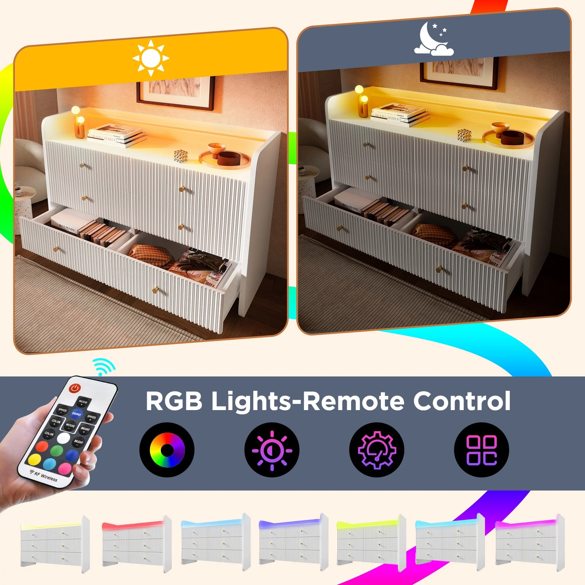 Fluted 6-Drawer Sideboard with RGB LED Lighting & Shelves, White - Image 6