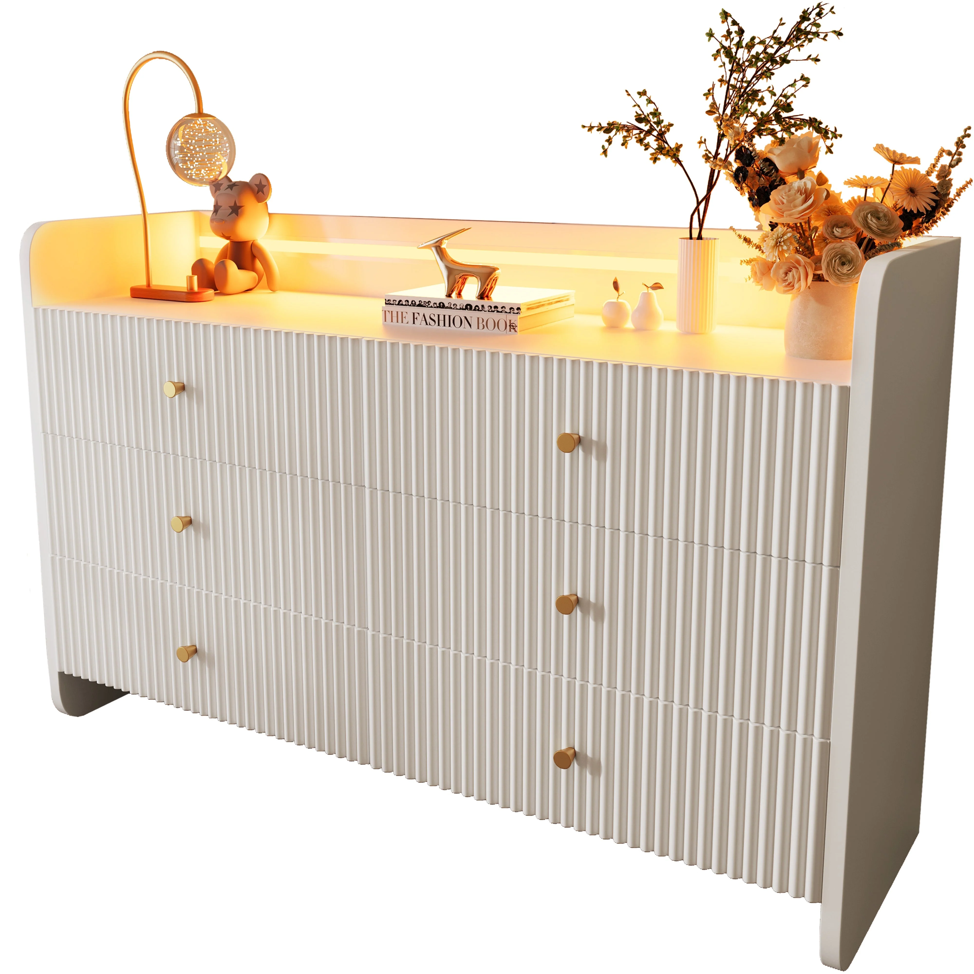 Fluted 6-Drawer Sideboard with RGB LED Lighting & Shelves, White - Image 8