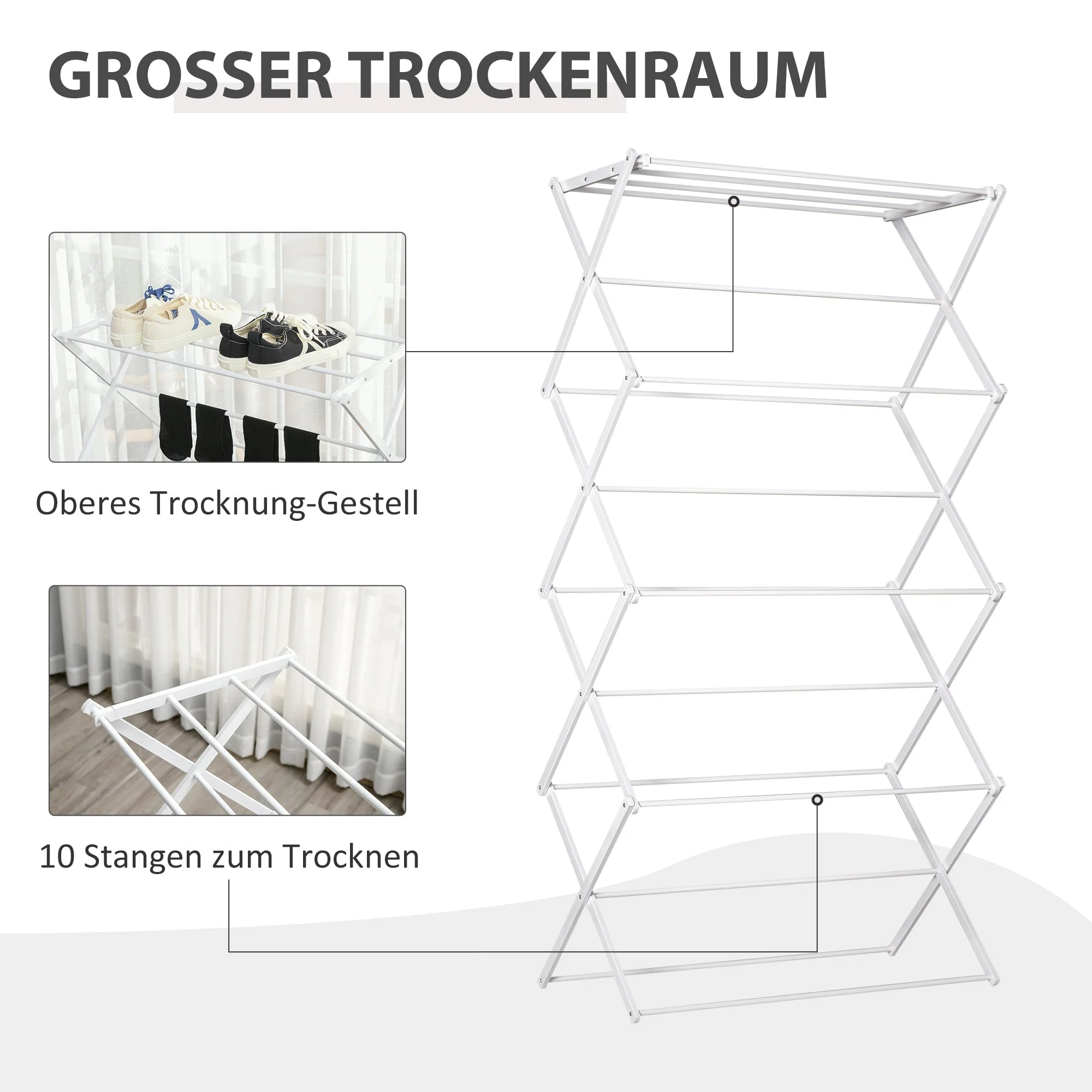 Foldable Clothes Airer, 8-Tier Tower Dryer, Metal Plastic White - Image 4