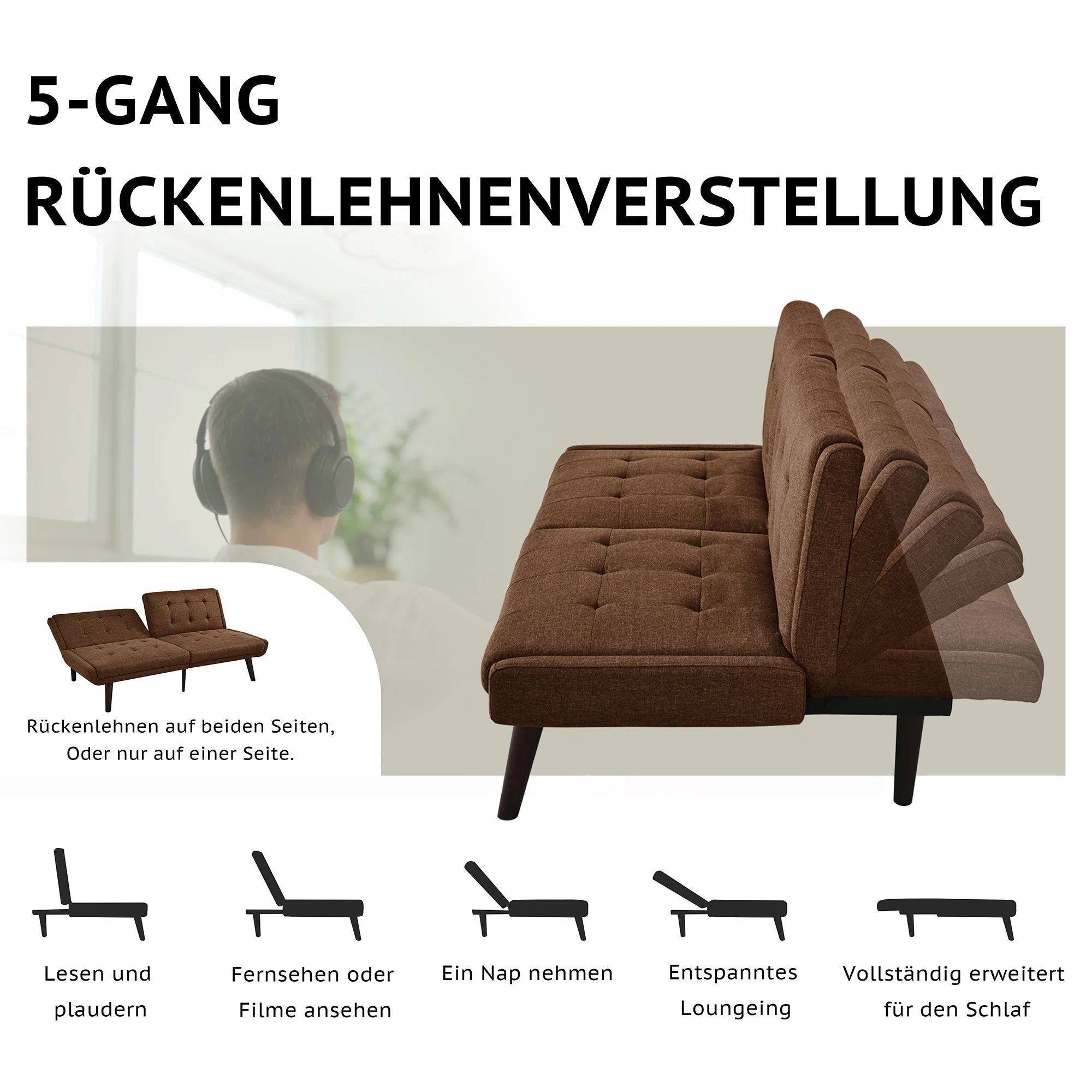 Foldable Futon Sofa Bed 146cm 5-Position Adjustable Backrest - Brown - Image 4