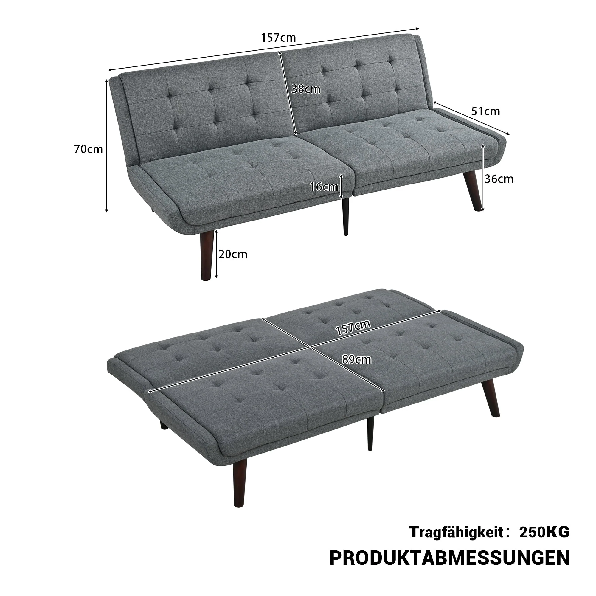 Foldable Futon Sofa Bed 146cm 5-Position Adjustable Backrest - Grey - Image 3