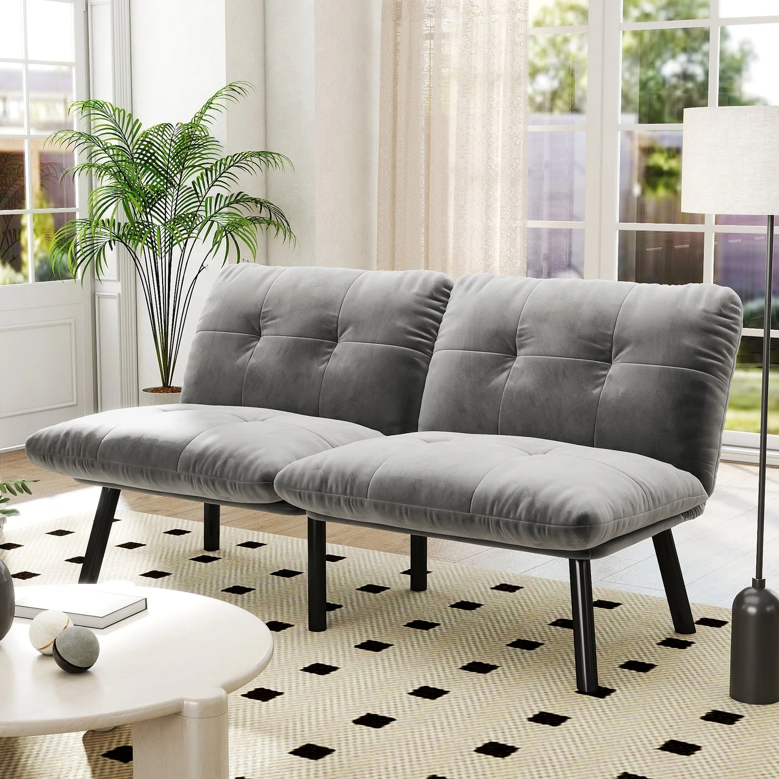 Foldable Futon Sofa Bed 2-Seater Guest Bed - Grey - Image 7
