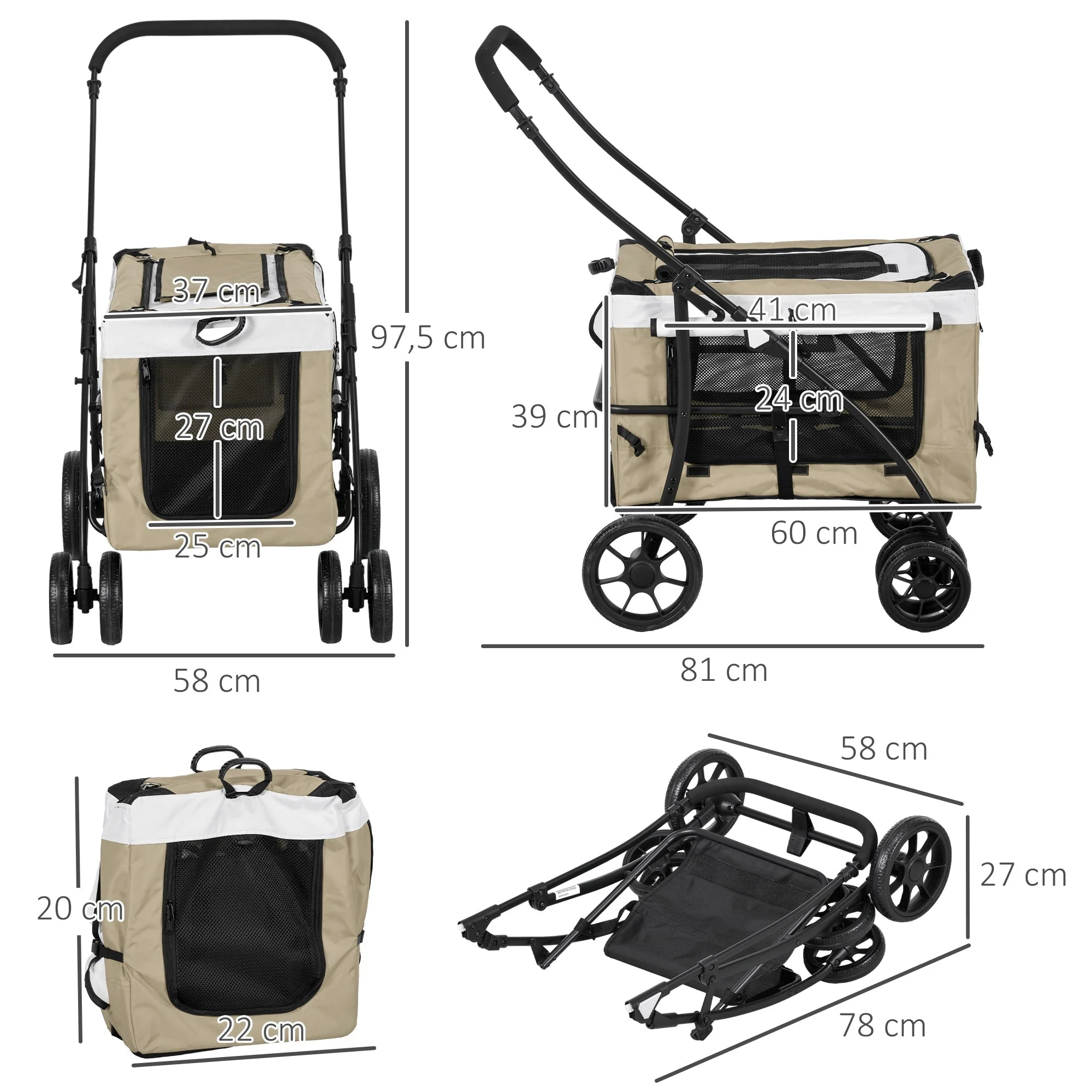 Foldable Pet Stroller, Removable Bag, 4 Wheels, Khaki 600D Oxford Fabric - Image 3