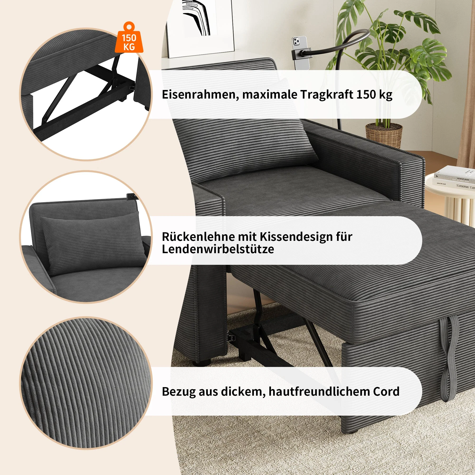 Foldable Sofa Bed, 1-Seater Recliner with USB & Phone Holder, Corduroy Grey - Image 7