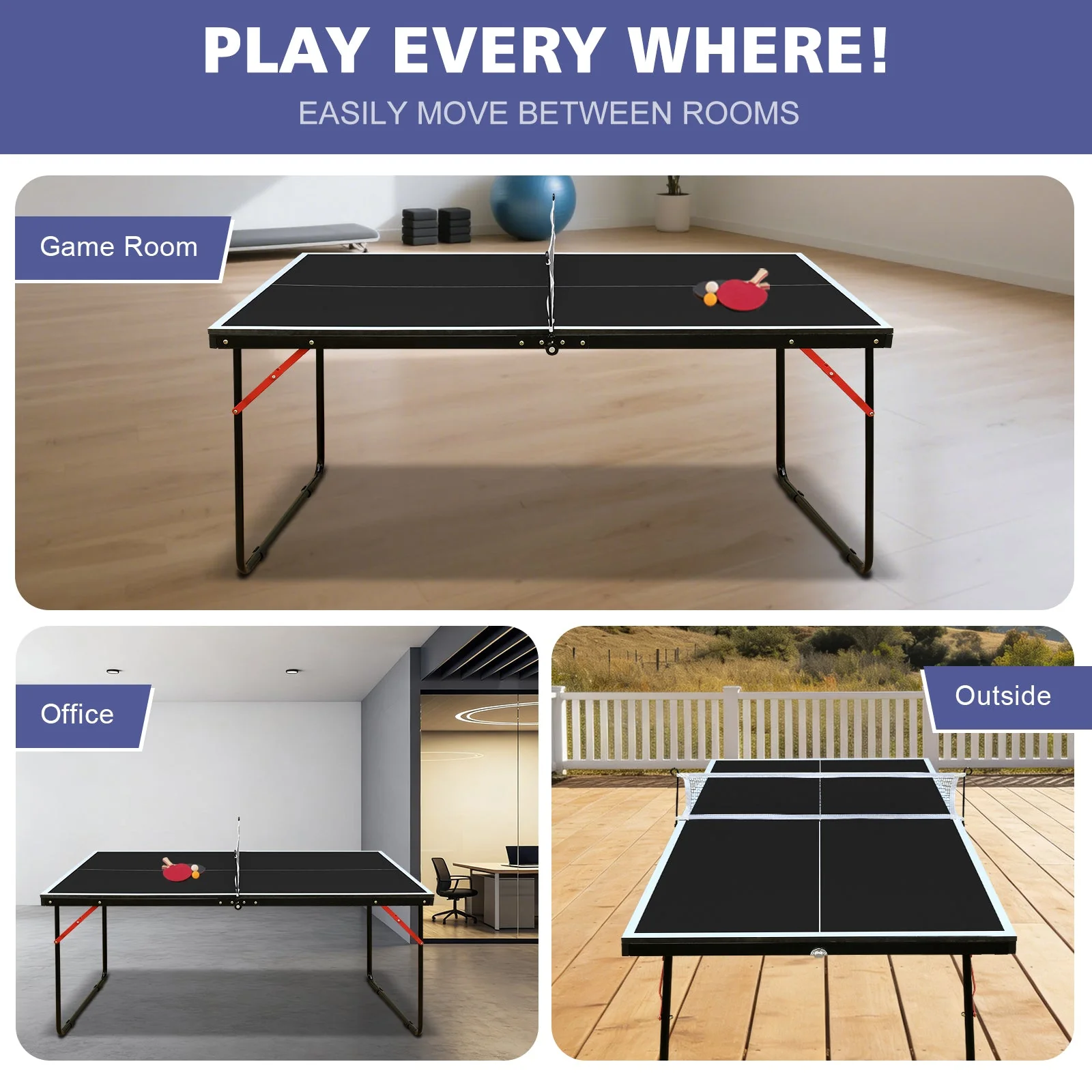 Foldable Table Tennis Table with Net, Paddles and Balls, 4.5FT Portable, Black - Image 6