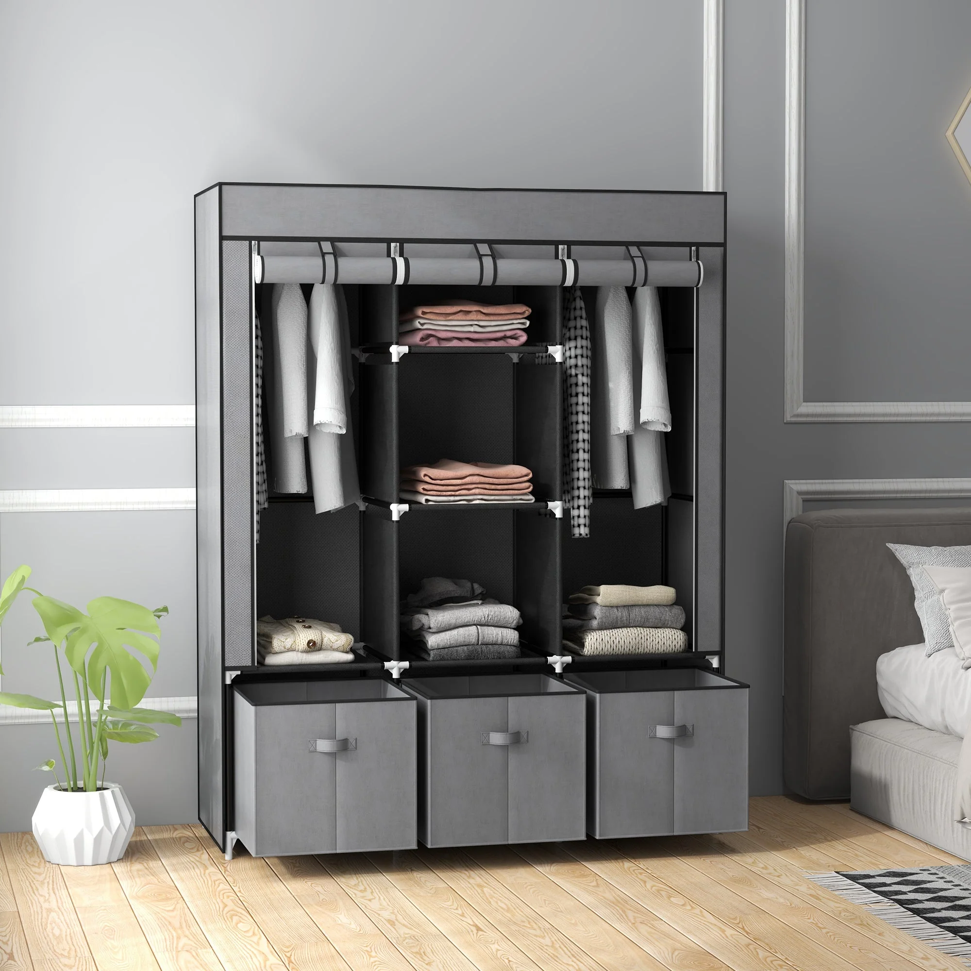 Foldable Wardrobe with Zipper Storage, Non-Woven Fabric, Dark Grey - Image 2